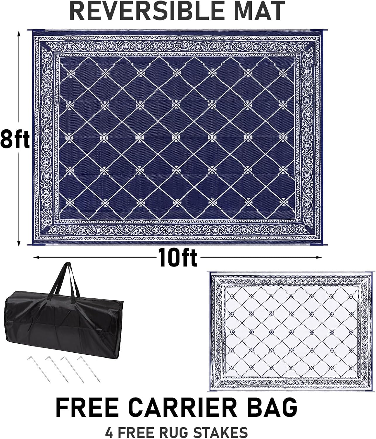 Outdoor Rug 8'x10' for Patios Waterproof Patio Rugs Outdoor Mats for Front Porch,Beach Mat,Reversible Plastic Straw Camping Rugs for Outside RV,Deck,Balcony,Backyard Navy Blue