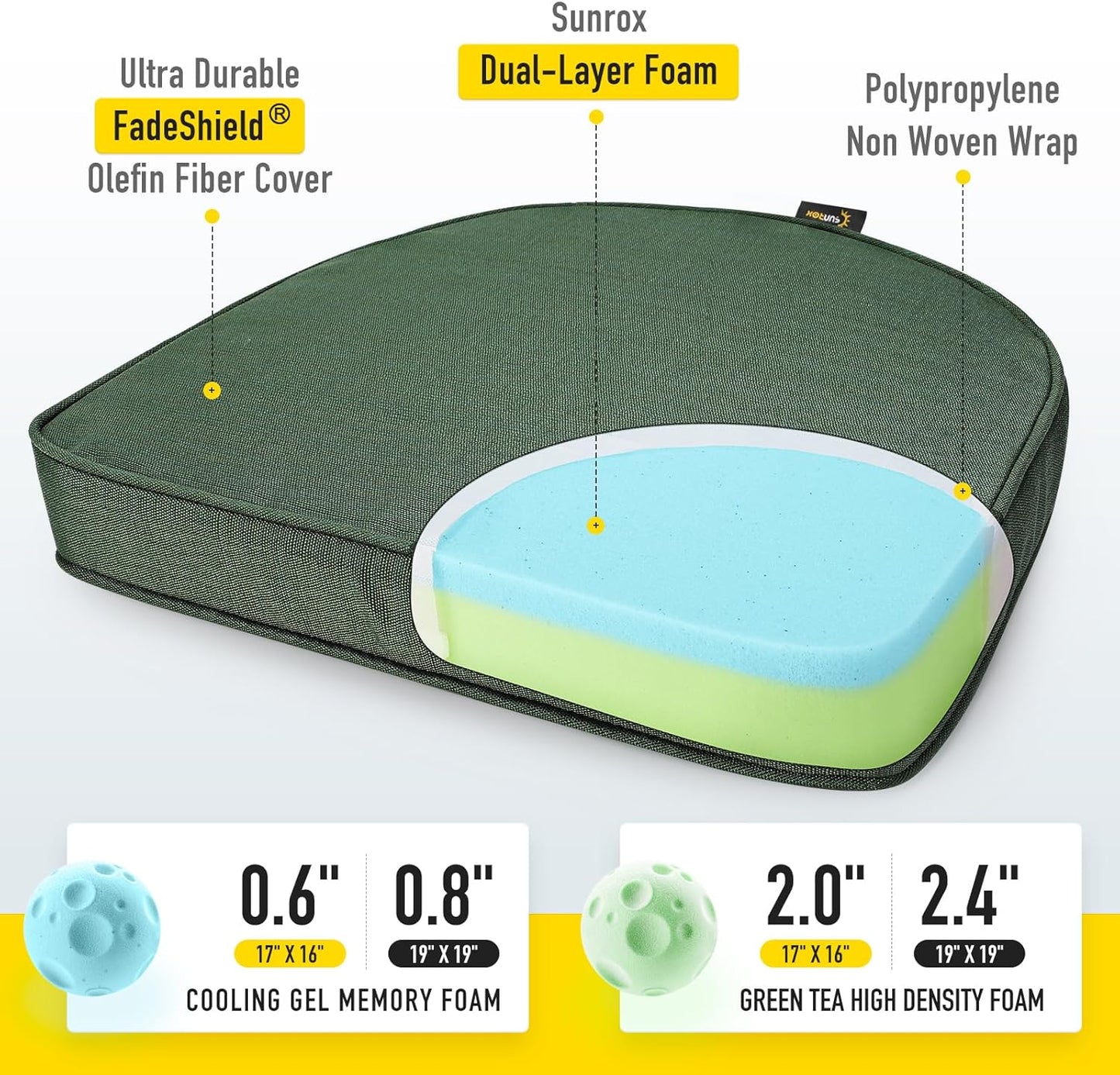 SUNROX Gel Memory Foam Chair Cushions, FadeShield Water-, Stain-Resistant Durable Reversible Seat Cushion Pads with Ties for Indoor/Outdoor Kitchen Dining Office, 19"x19", Set of 4, Heather Fern