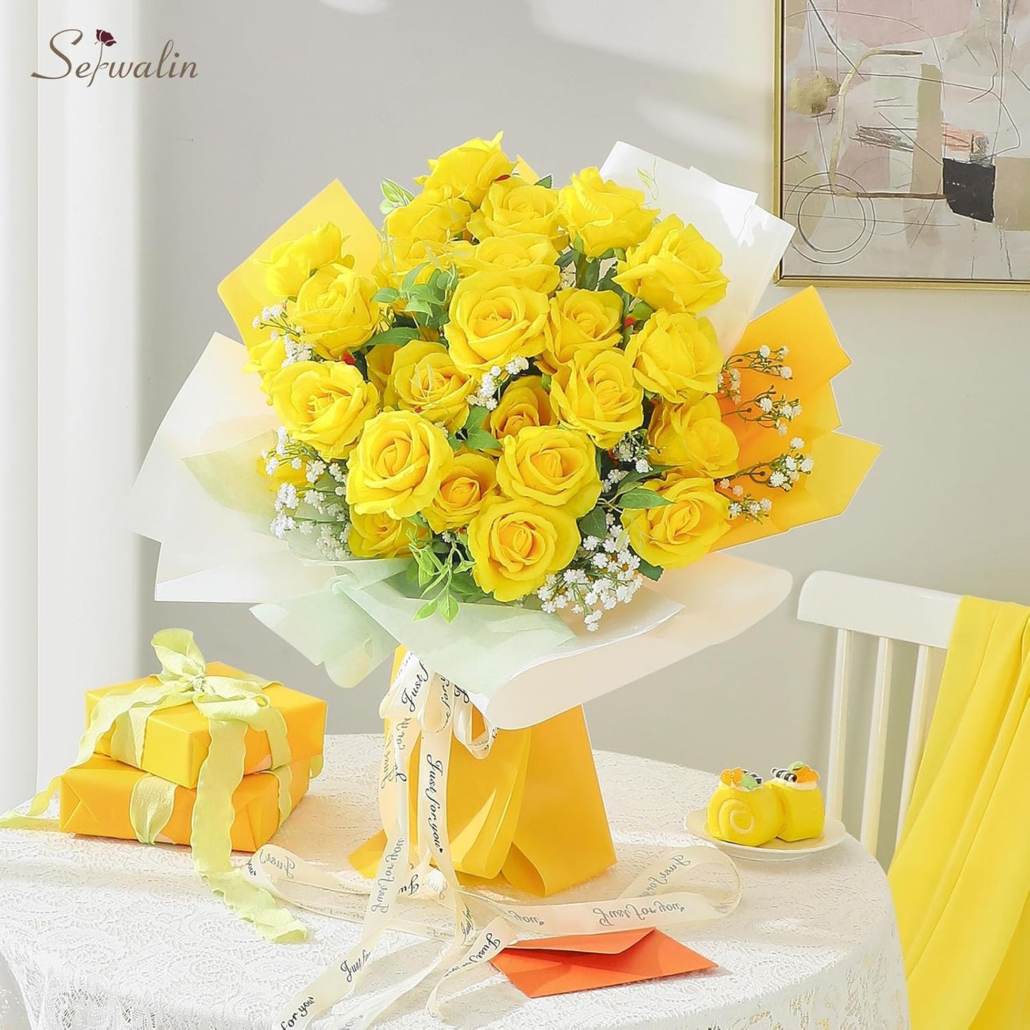 Serwalin ﻿30pcs Artificial Yellow Roses, Realistic Silk Roses Fake Long Stem Artificial Roses for Mother,Wedding Bouquet Table Centerpieces Party Home Birthday Graduation Decorations