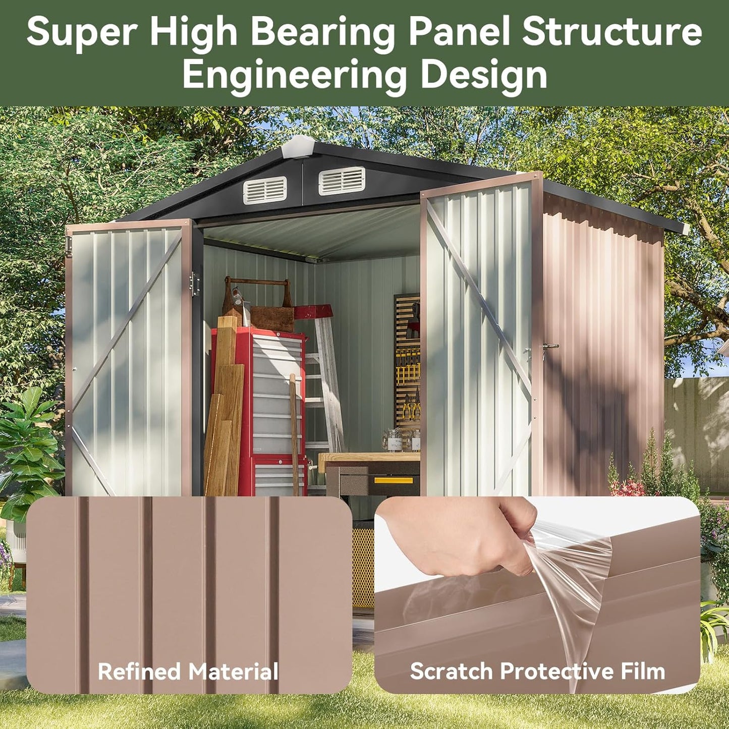 Aoxun 6.2x4 FT Shed Outdoor Storage Shed with Lockable Doors & Slooping Roof Metal Garden Tool Shed for Backyard, Patio, Poolside (Brown)