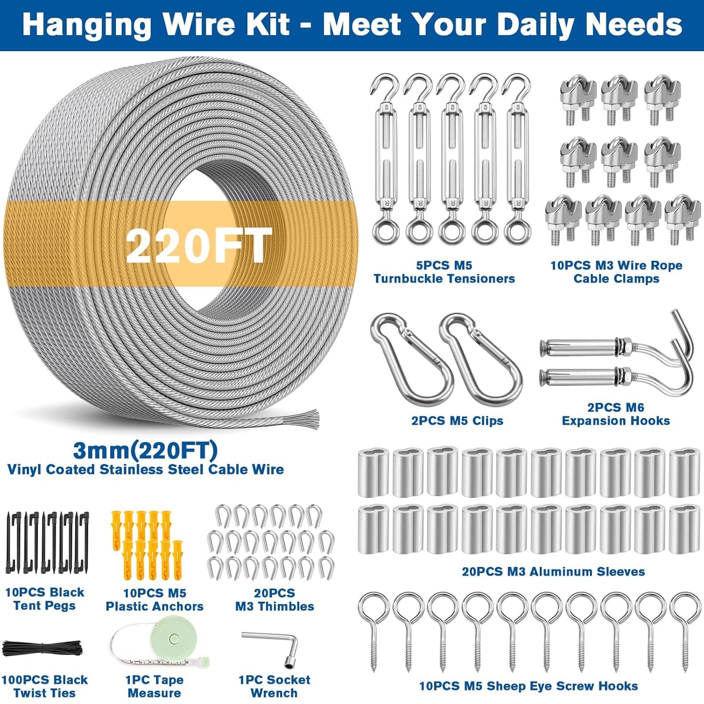 220FT 1/8" Wire Rope Kit - 304 Stainless Steel Cable with Turnbuckles for Cables Wire, Vinyl Coated Hanging Wire for Outdoor String Lights, Camping, Garden Trellis, Hanging Clothes, Pictures, Curtain