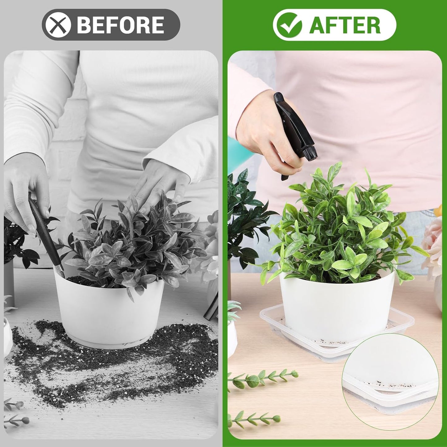 GREANER 6 Inch Square Plant Saucer, 6 PCS Plastic Tray for Indoors, Durable Thick Flower Pot Plant Drip No Holes, Clear Plant Water Catcher Tray for Indoor Outdoor Planter