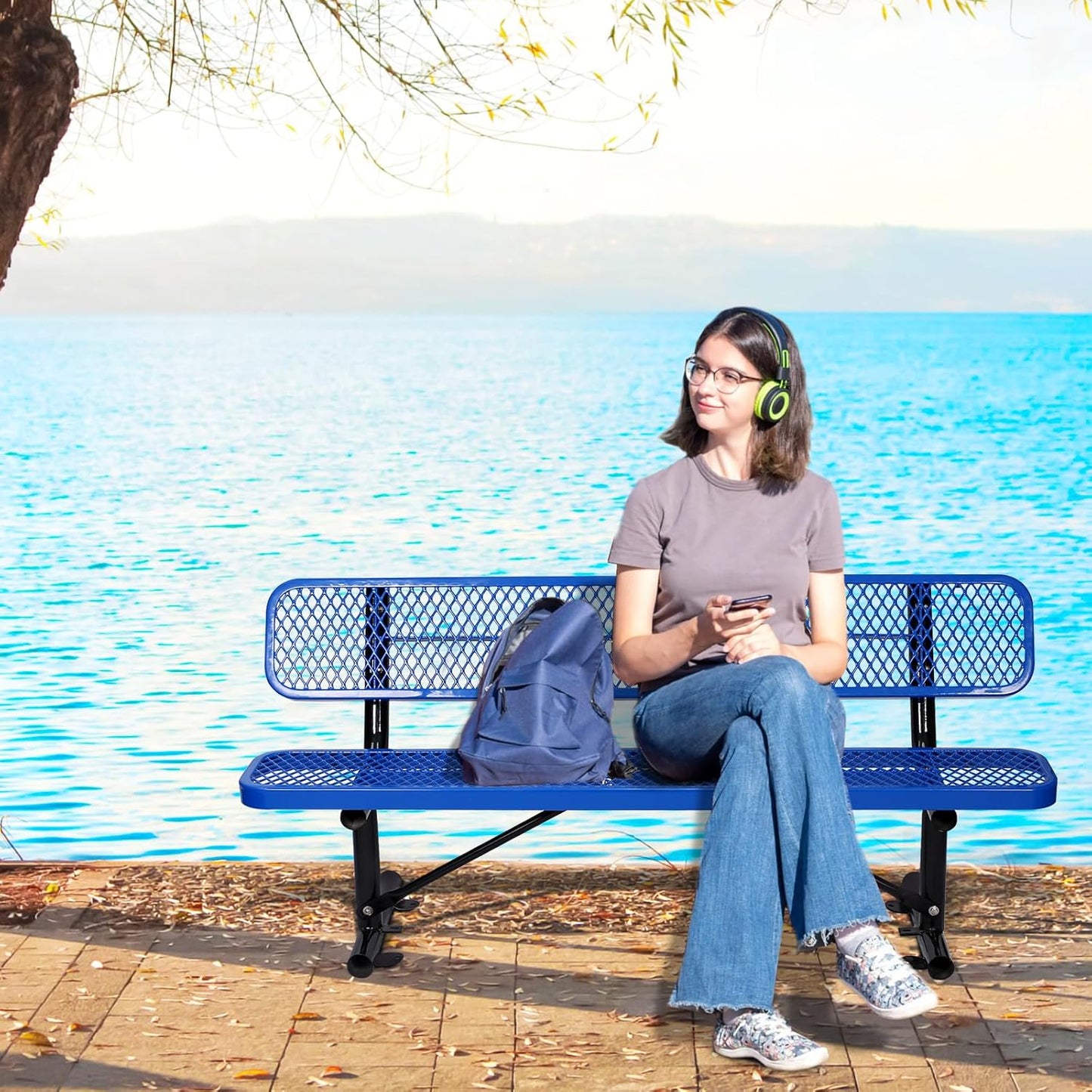 Outdoor Garden Bench, Cast Iron Metal Frame Patio Park Bench with Backrest, Portable Expanded Metal Black Bench, Commercial-Grade Outdoor Seating for Lawn, Patio, Park, Yard, Garden (Blue, 6FT/72')