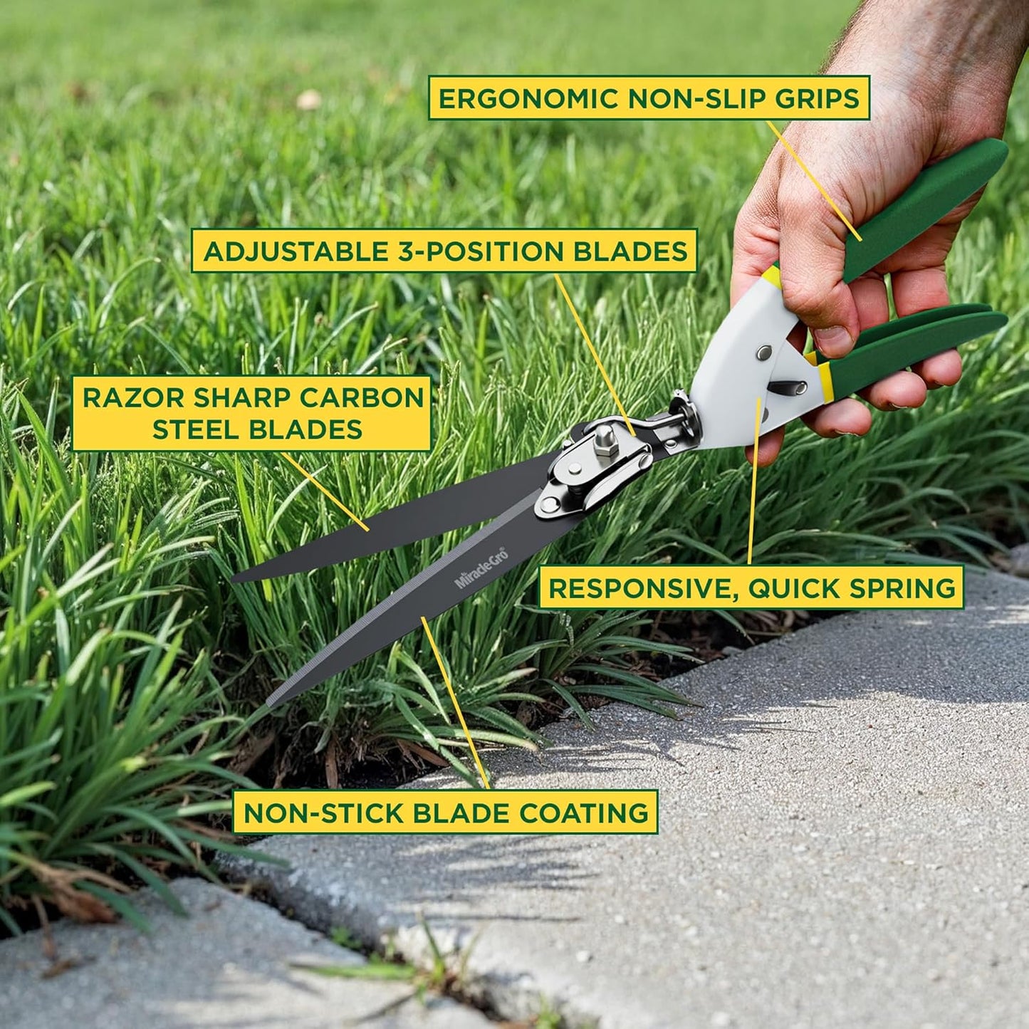 Miracle-Gro Grass Trimming Shears – Adjustable Rotating Handle with Sharp Non-Stick Carbon Steel Blades, Comfort Handles, and Safety Lock for Precise Garden and Lawn Edging