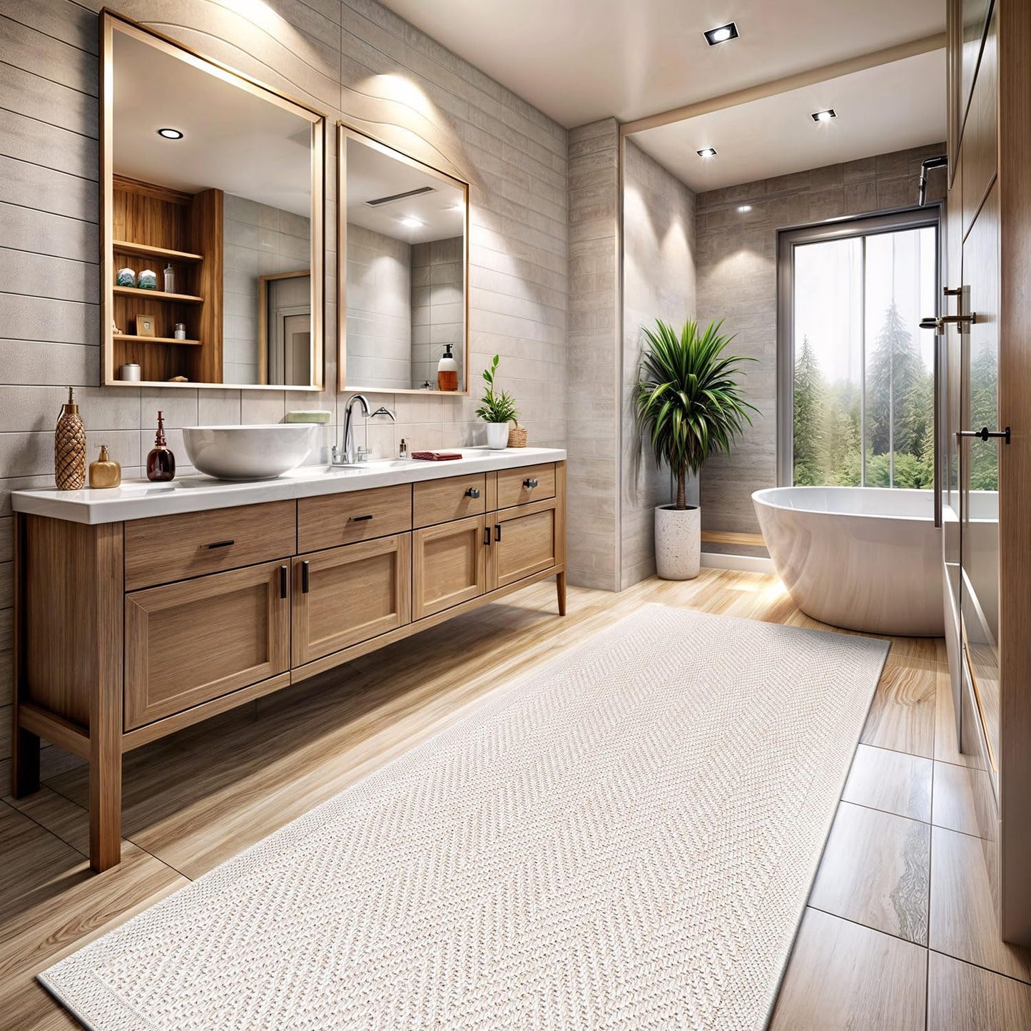 CAMILSON Indoor and Outdoor Runner Rug Off-White Herringbone Seagrass Boho Design Easy-Cleaning Non Shedding Fiber Living Room Bedroom Garden Patio and Kitchen Washable Outside Carpet Alfombras (2x7)