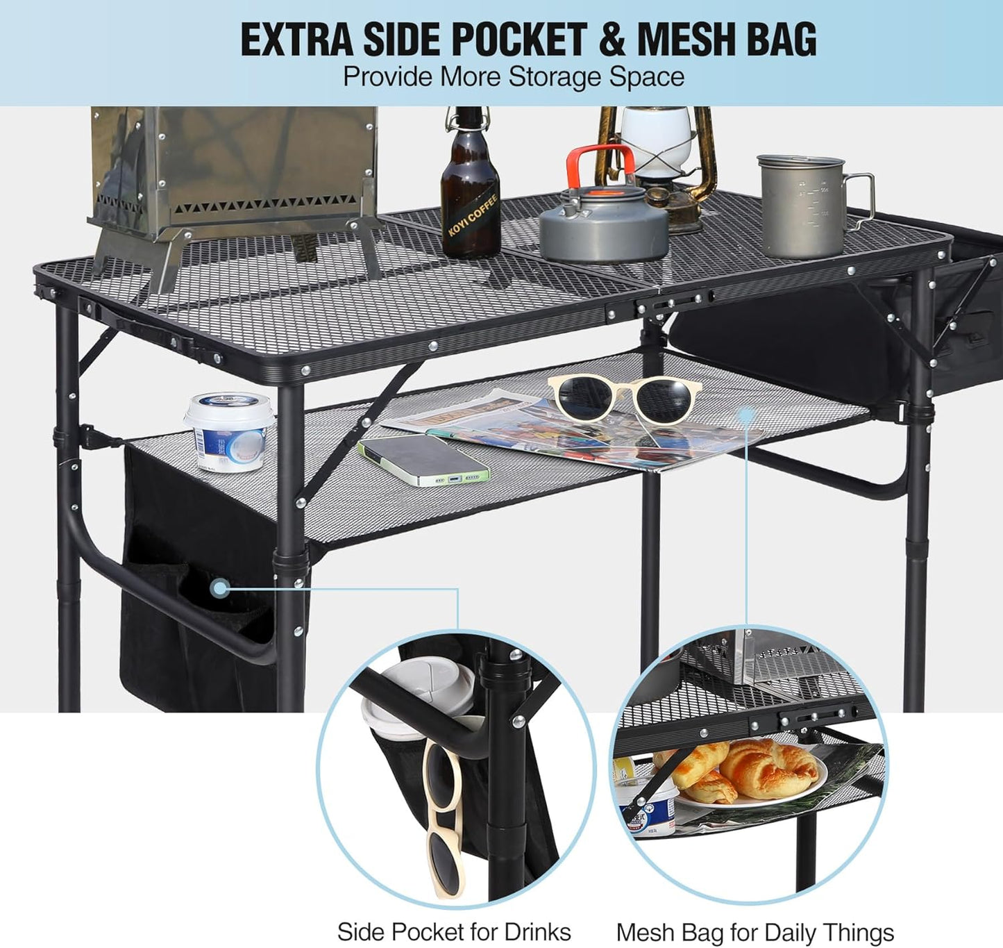 RedSwing Portable Grill Table with Sink for Outside, Aluminum Frame Folding Grill Stand Table for Outdoor Camping Picnic BBQ, Lightweight Adjustable Height, 36 x 20 x 31 Inches, Black