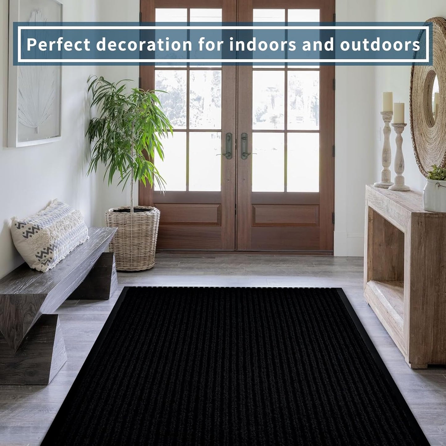 fani Heavy Duty Large Outdoor Indoor Entrance Black Doormat Waterproof Low Profile Entrance Rug Front Door Mat Patio Anti-Skid Rubber Back, 48x120 inch (Jet Black)