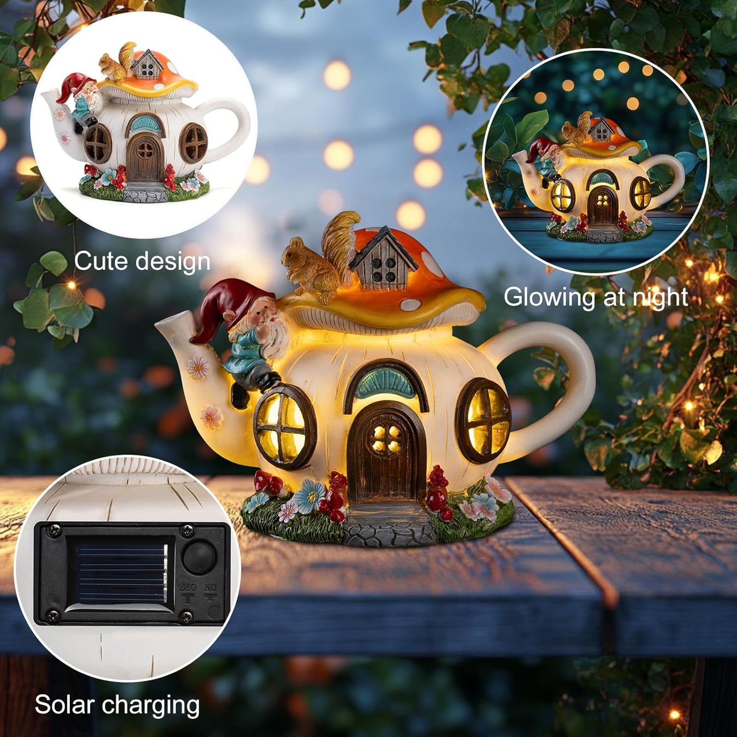 Mushroom Fairy House Garden Decor Solar Light – Outdoor Gnome Statue with Squirrel, Resin Teapot Decorative Figurine for Patio, Lawn, Yard & Balcony, for Women, Mom, and Home
