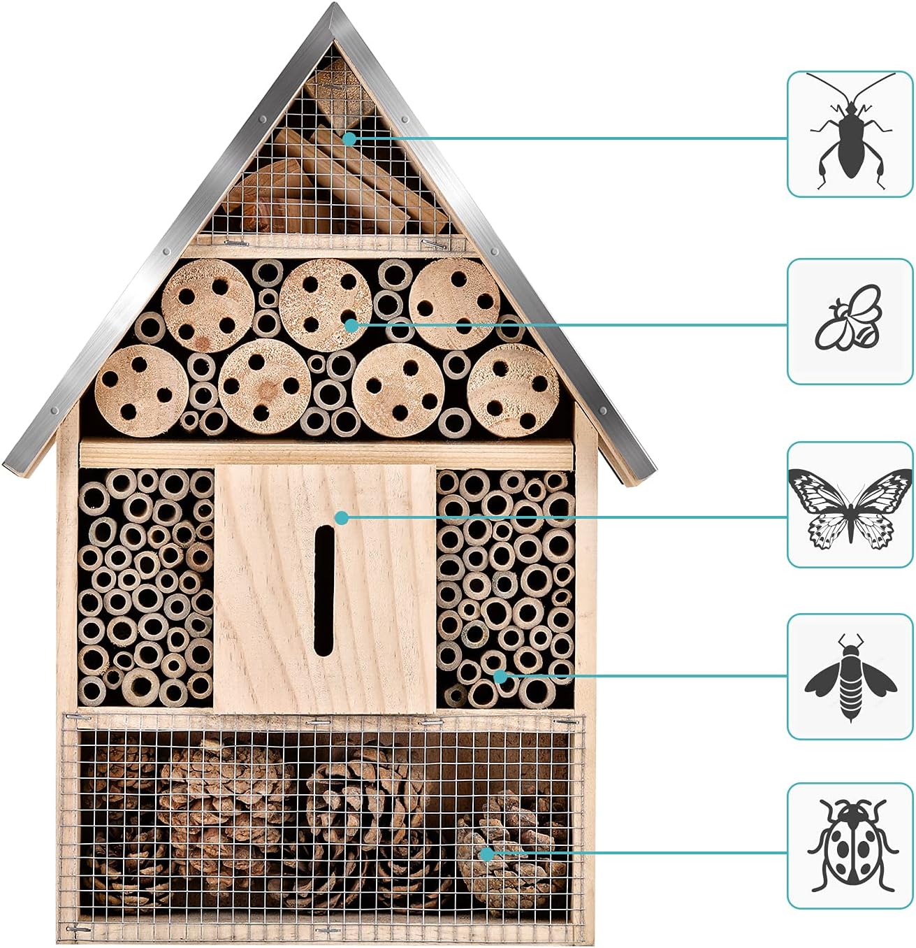Wooden Mason Insect Bee Butterfly House,Insect Hotel,an Outdoor Hanging Bamboo Habitat for Bee Butterfly Ladybugs Live,Bee Box,Butterfly Habitat for Garden,9 x 15.7 x 2.5 Inch