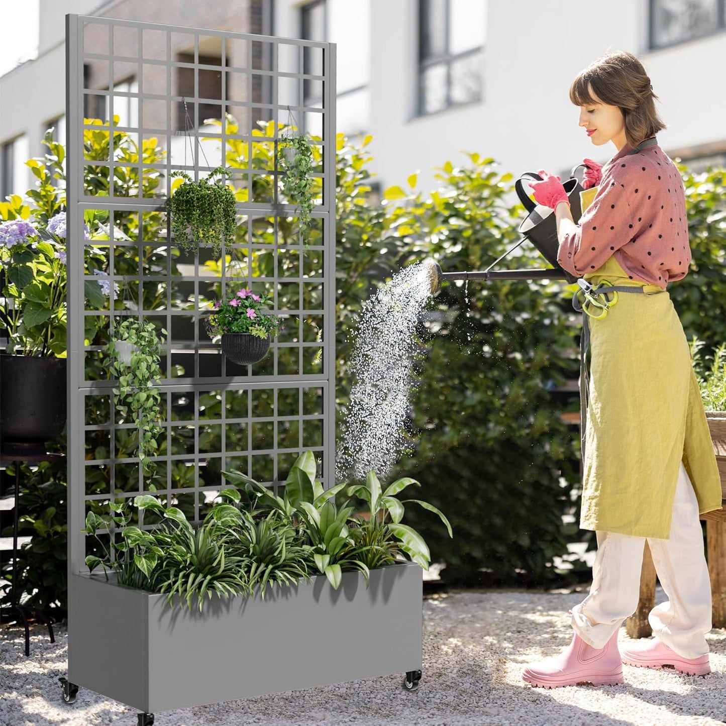 Casaphoria Metal Raised Garden Bed with Trellis and Wheels, 72"x35"x16" Planter Box for Climbing Plants, Vegetables & Vines, Features Drainage Holes and Privacy Screen (Gray-Square)