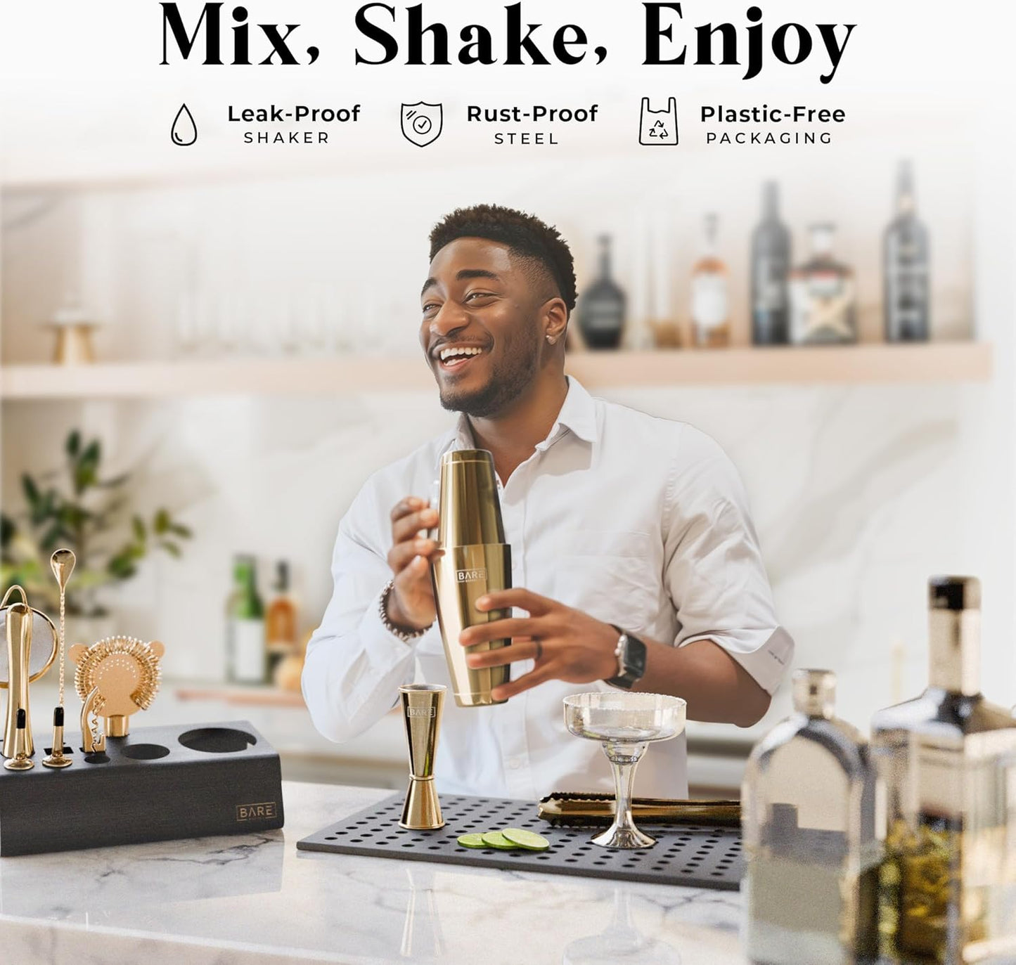 BARE BARREL® Mixology Bartender Kit Bar Set | 14-Piece Cocktail Shaker Set | Martini Barware Mixing Tools for Home Bartending | Incl. 35 Recipe Cards | Gift Set (28oz Boston Shaker, Gold/Black)