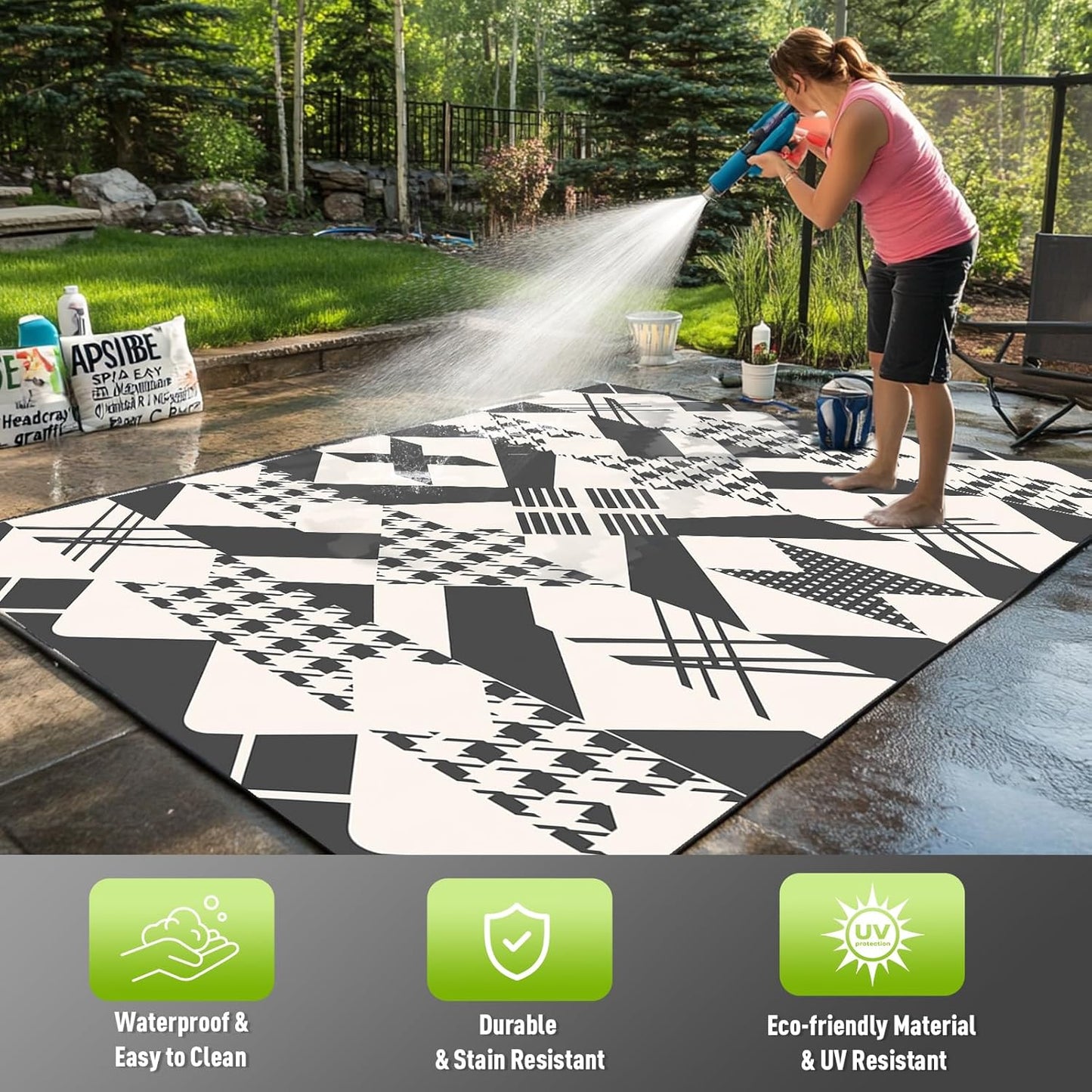 WILDROOTS 5x8 Feet Houndstooth Plastic Outdoor Rug, Stain Resistant Waterproof Reversible Outdoor Patio Rug, Fade Resistant Camping Rug