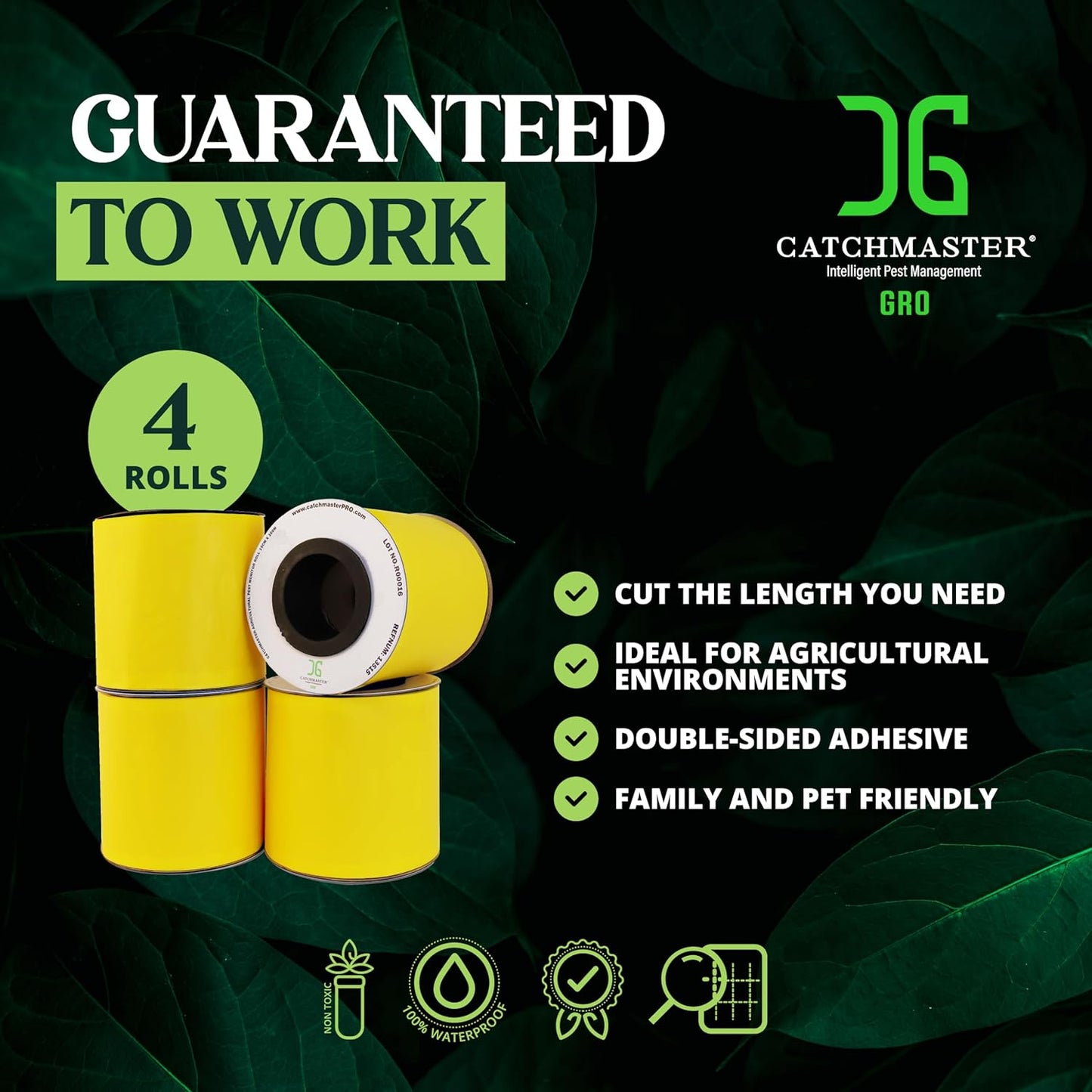 Catchmaster GRO XL AG Roll 4PK, Double Sided Adhesive Fly Tape Strips, Fungus Gnat Sticky Trap for Greenhouse, Garden, Nursery, Pest Control Gardening Supplies, Pet Safe Insect Trap, 328' x 6'' Yellow