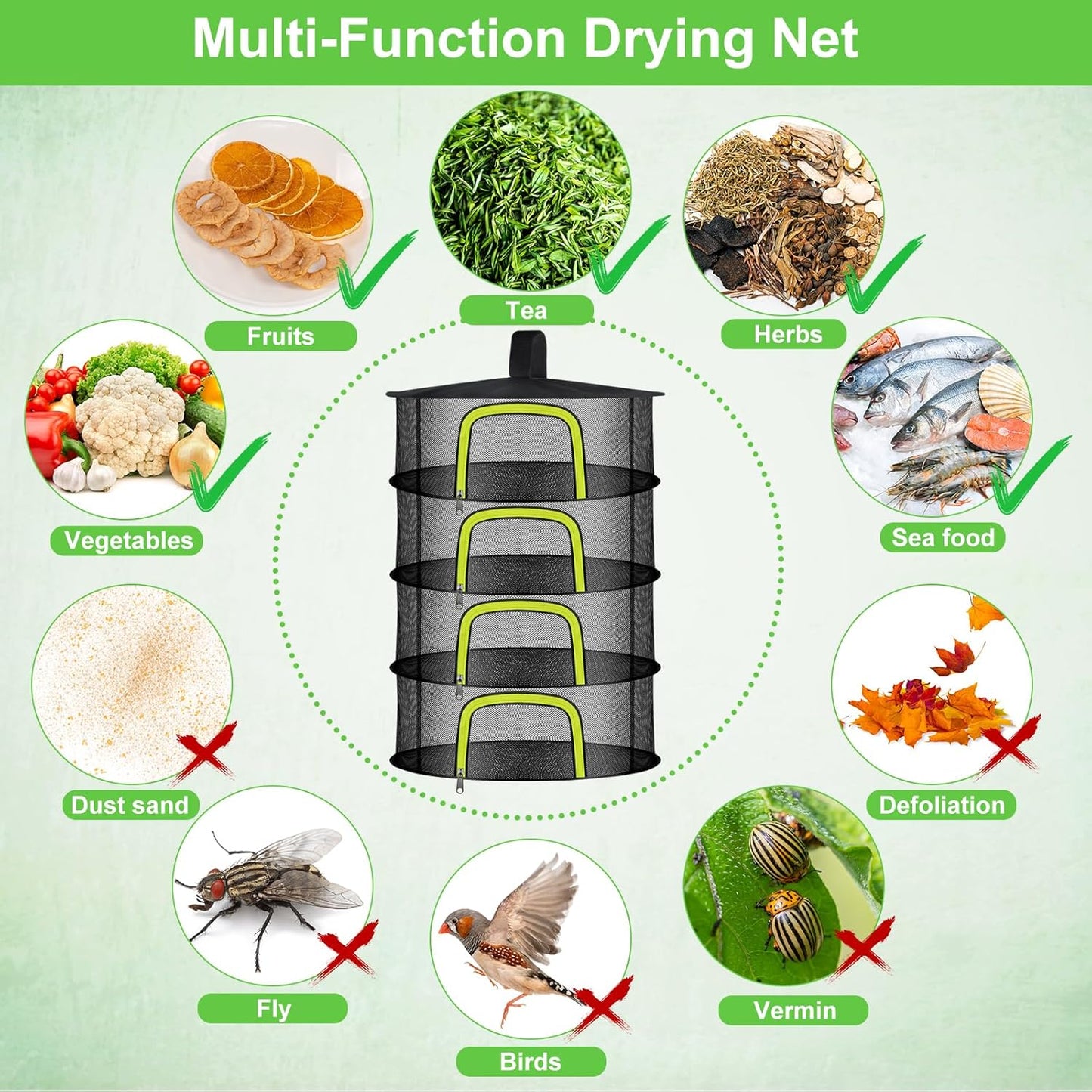 4 Layer Herb Drying Rack, Hanging Mesh Net, Foldable Plant Drying Rack With U-Shaped Zipper, Garden Trimming Shears and Hooks, For Drying Herbs Plants, Fruits, Seafood, Clothing(4 Layers-23.62'')