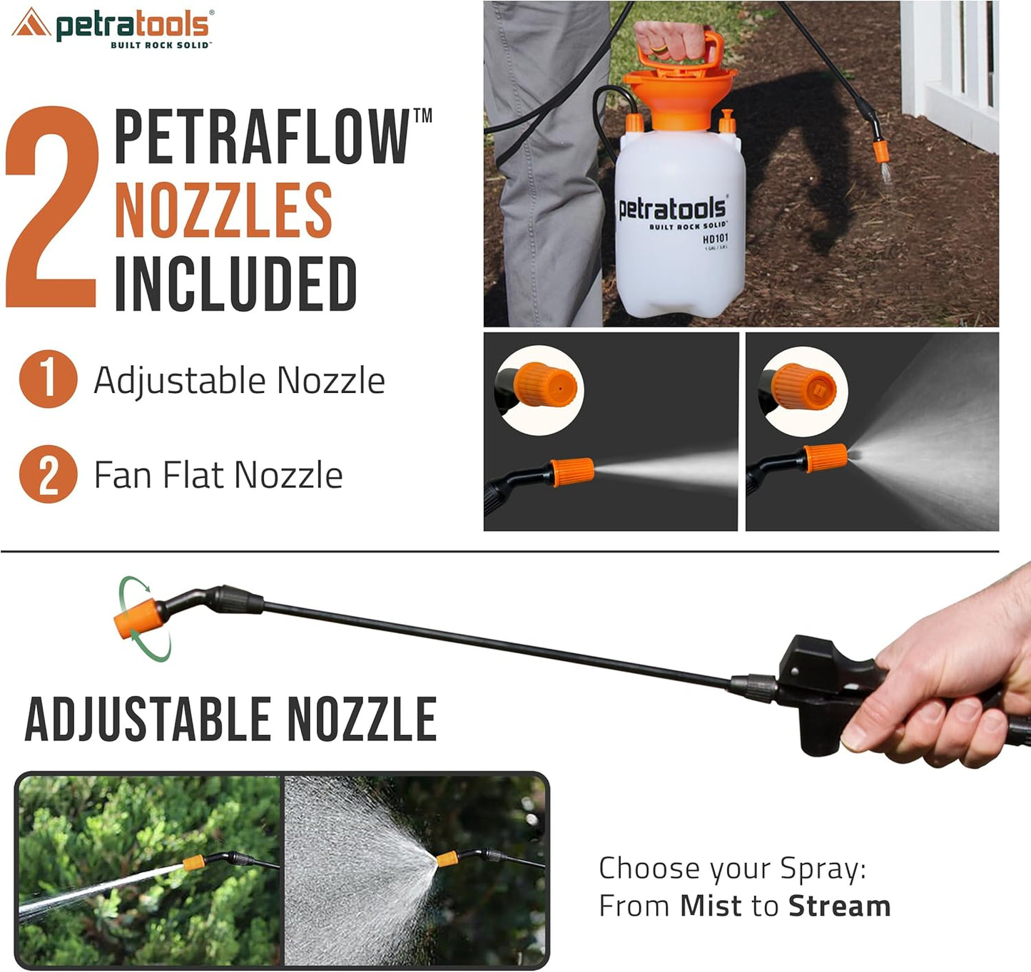 Petratools 1 Gallon Pump Sprayer – HD101 Garden Sprayer for Weeds, Lawn Care & Pesticides – 52” Long Hose, 2 Nozzles & Easy Carry Handle – Durable & Lightweight