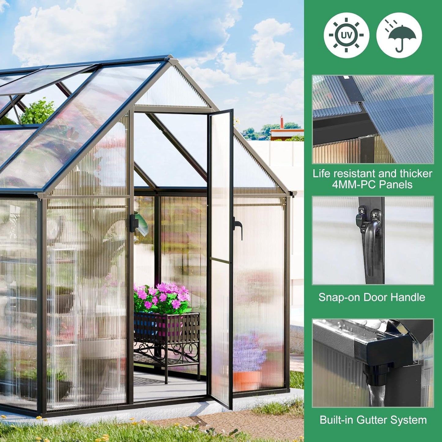 CDCASA 10.3x6.2x6.7 FT Greenhouse for Outdoors, Easy Assembly Thicker Aluminum & Polycarbonate Greenhouses w/2 Windows, Swing Door, Walk-in Green House for Outside, Patio, Backyard, Garden