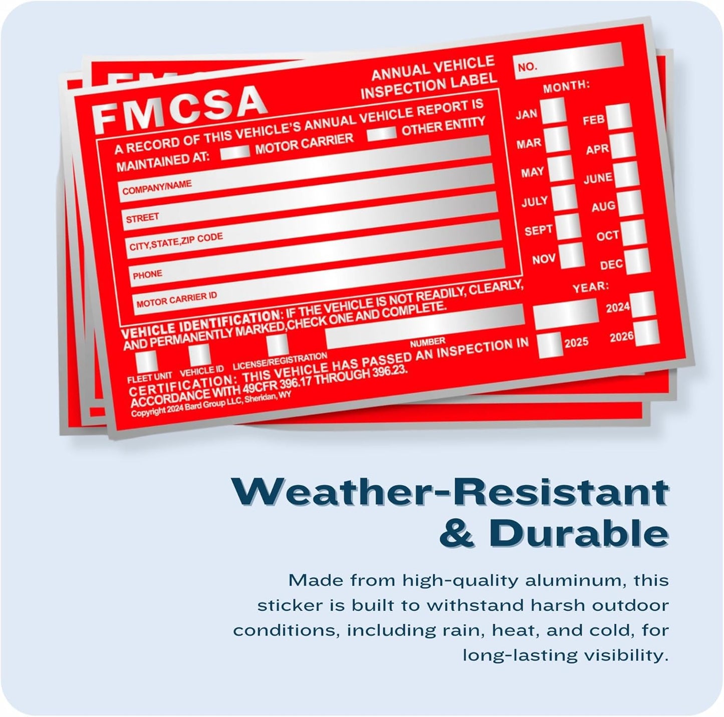 100-Pack DOT Compliant Aluminum Annual Vehicle Inspection Label – Red FMCSA Label with Punch Boxes