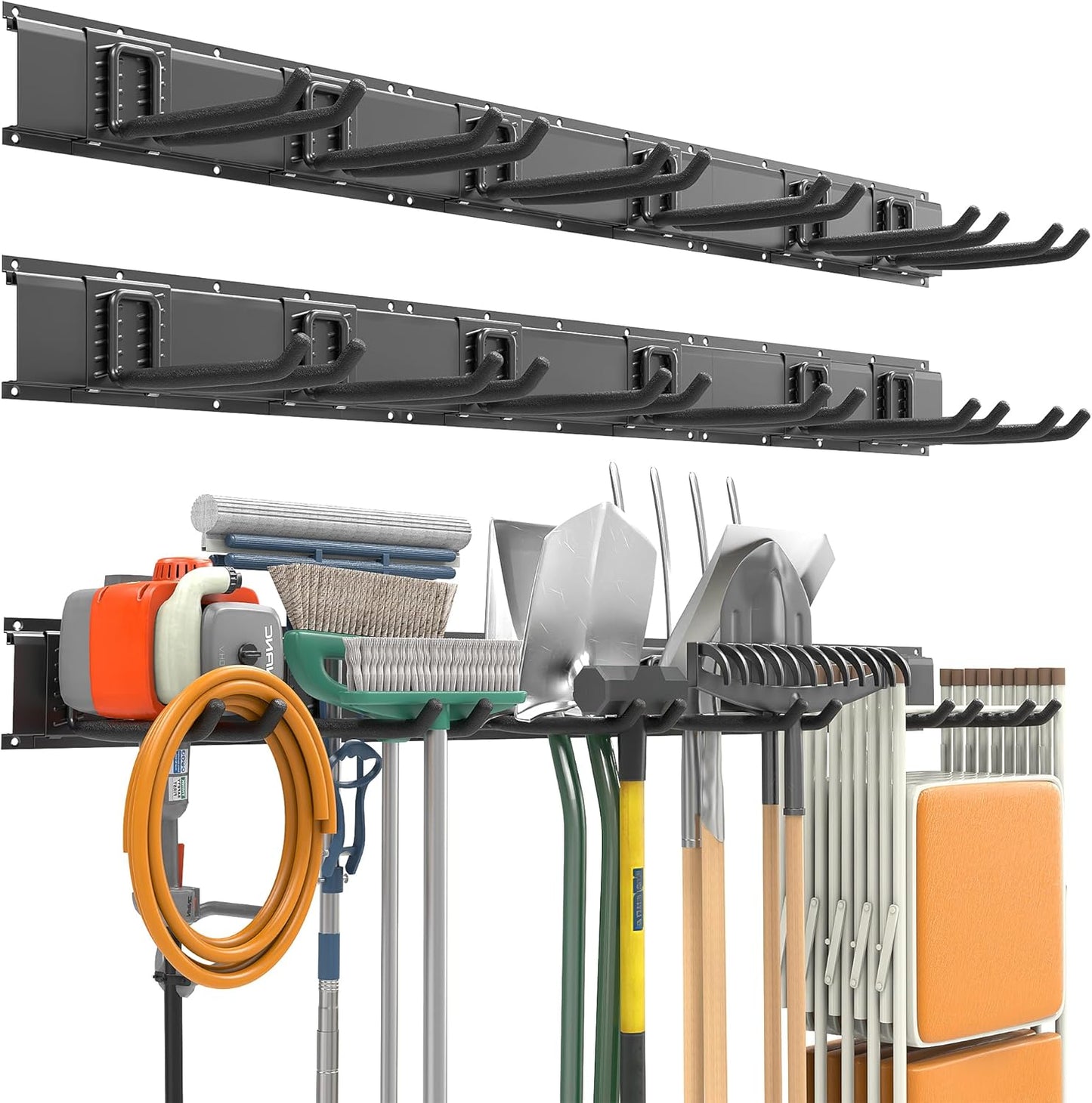 EVERHANGER Garage Tool Storage Organizer, Wall Mount Garden Tool Rack Organization, Heavy Duty Folding Chair Hangers with 12 Adjustable Hooks, Max Load 900lb, 96inch