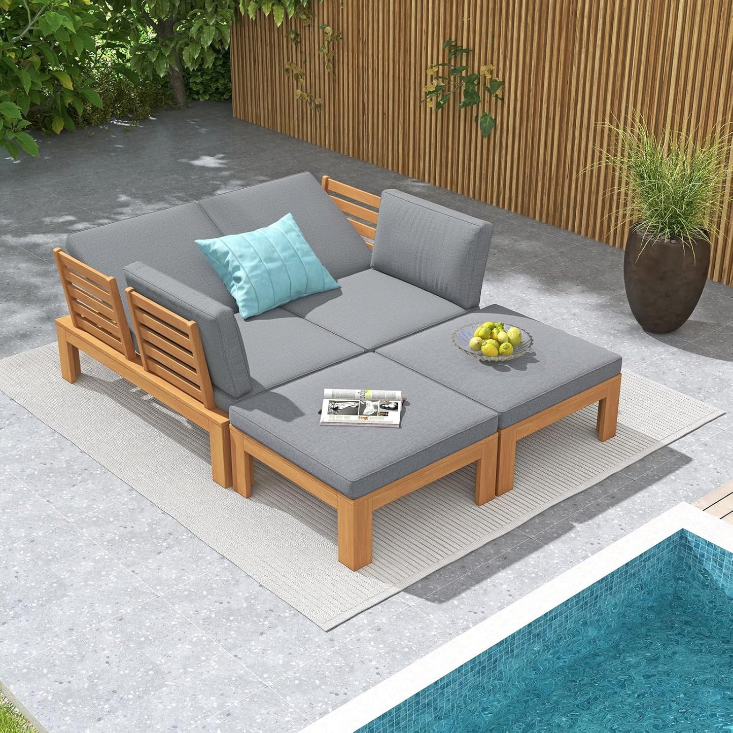 SUNSITT 4 Piece Acacia Wood Patio Furniture Outdoor Sectional Sofa Set with Adjustable Armrest, FSC Certified L-Shaped Patio Set w/2-in-1 Coffee Table, Grey Cushions