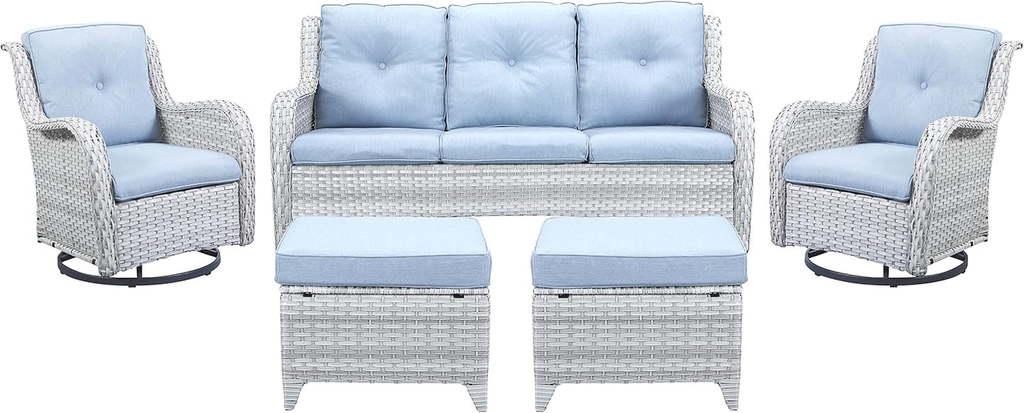 5 Piece Outdoor Patio Furniture Set - Wicker Furniture Patio Conversation Set, Outdoor Swivel Rocker Chairs with 3-Seater Sofa and 2 Ottomans for Small Space, Baby Blue Cushion