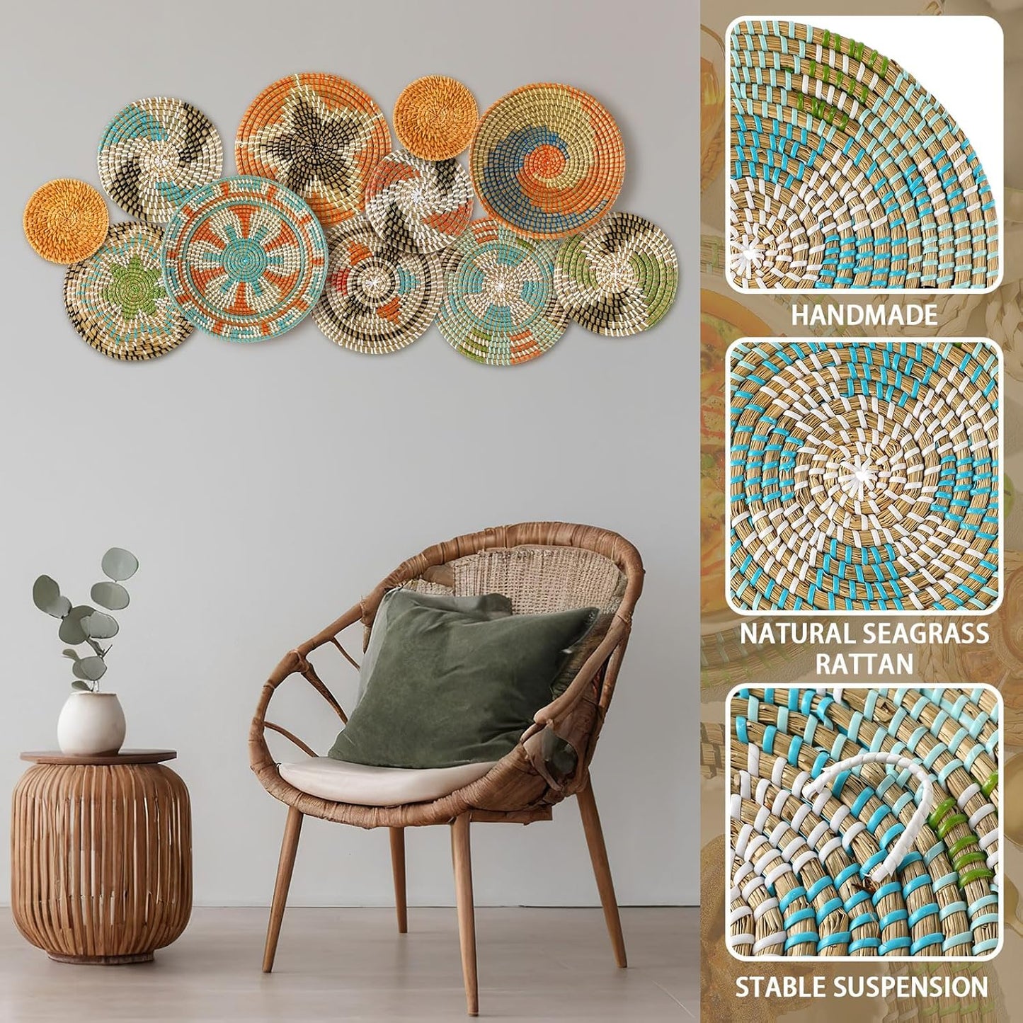 Tatuo 11 Pcs Boho Wall Basket Decor Decorative Bulrush Woven Basket Wall Decor Art Round Farmhouse Hanging Baskets for Kitchen Rustic Home Summer Decorations, Multi Sizes(Farmhouse)