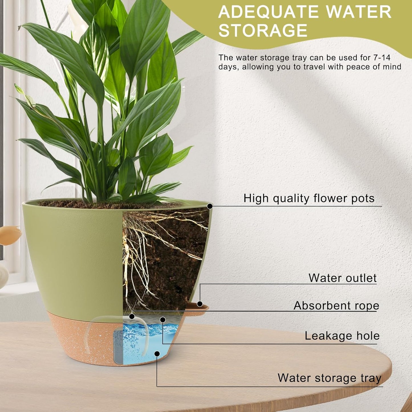 Plant Pots,12/10/9/8/ Inch Large Plastic Self Watering Flower Pots Indoor Outdoor with Drainage Holes, Deep Reservoir,Nursery Planting Pot for Indoor Out Door Plants