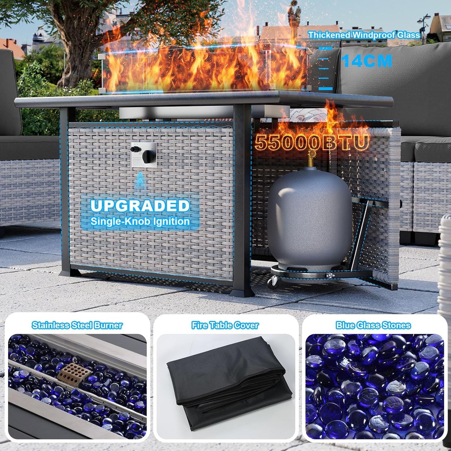 13-Piece Patio Furniture Set, Outdoor Patio Furniture with Swivel Chairs Set, Ottomans, 55,000 BTU Fire Pit Table, Modular Patio Sofa, Dual-Strand Wicker Rattan, Rust-Resistant Frame, Black