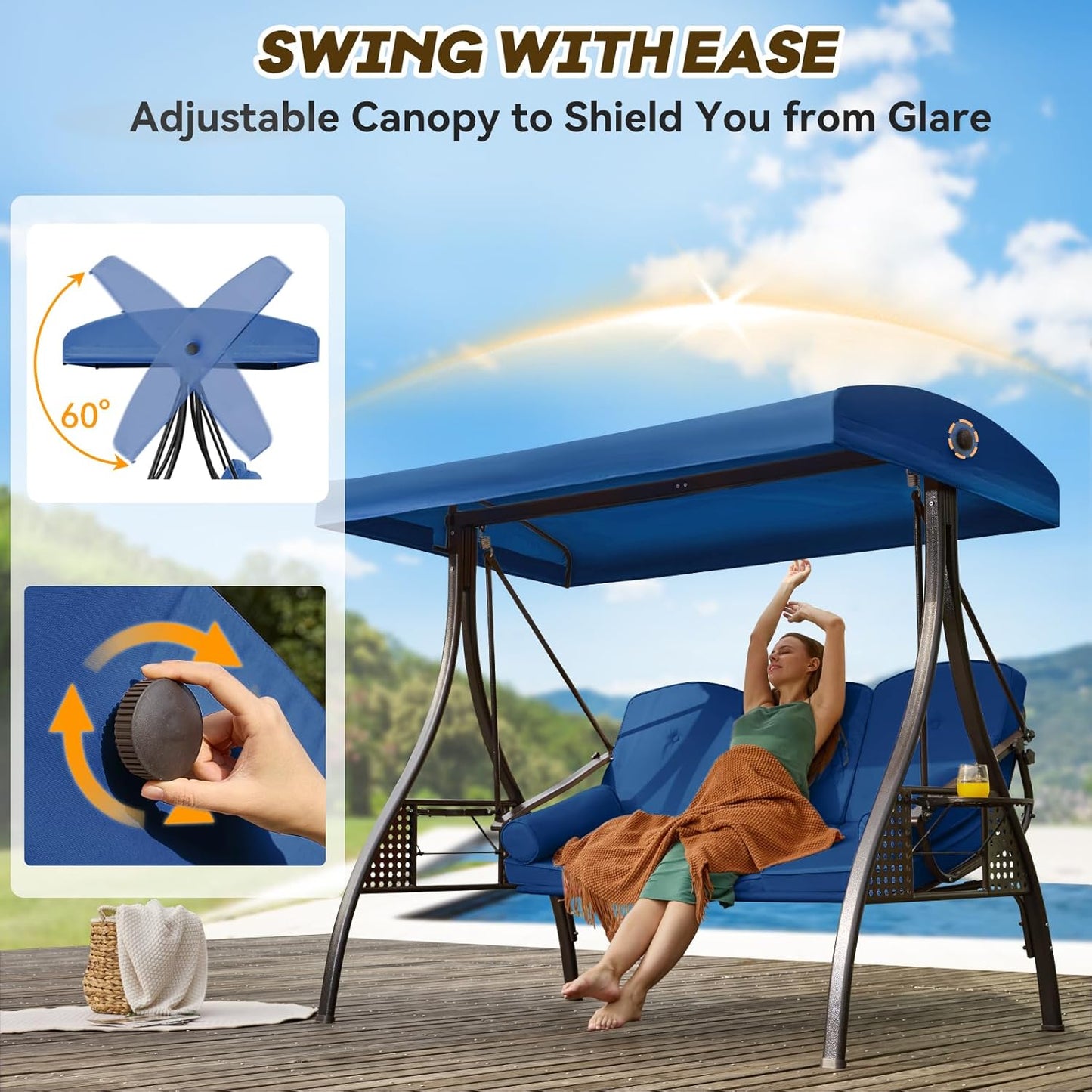 3 in 1 Outdoor Porch Swing with Adjustable Canopy, 3 Seat Outdoor Swing for Adults, Patio Swing Chair with Thickened Cushions,Pillows & Cup Holders for Backyard, Porch, Garden (Blue)