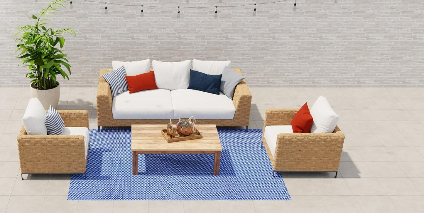 Mad Mats Geometric Outdoor Rug, Reversible Plastic Mat (6' x 9', Basic - Blue/White)