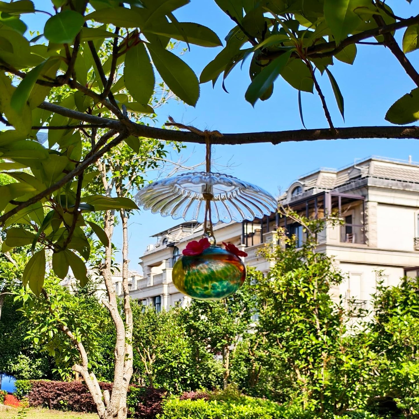 Small Glass Hummingbird Feeders for Outdoors Hanging - Hand Blown Glass Ball Nectar Feeding + Rain Cover, Multi Color with 3 Flowers Feeding Ports, Decor for Garden/Backyard Outside