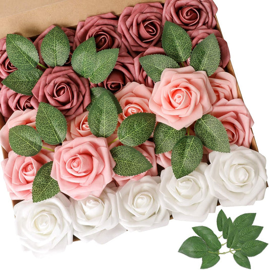 AmyHomie Artificial Flower Shades of Rose 25pcs Real Looking Fake Roses w/Stem for DIY Wedding Bouquets Centerpieces Arrangements Party Baby Shower Home Decorations