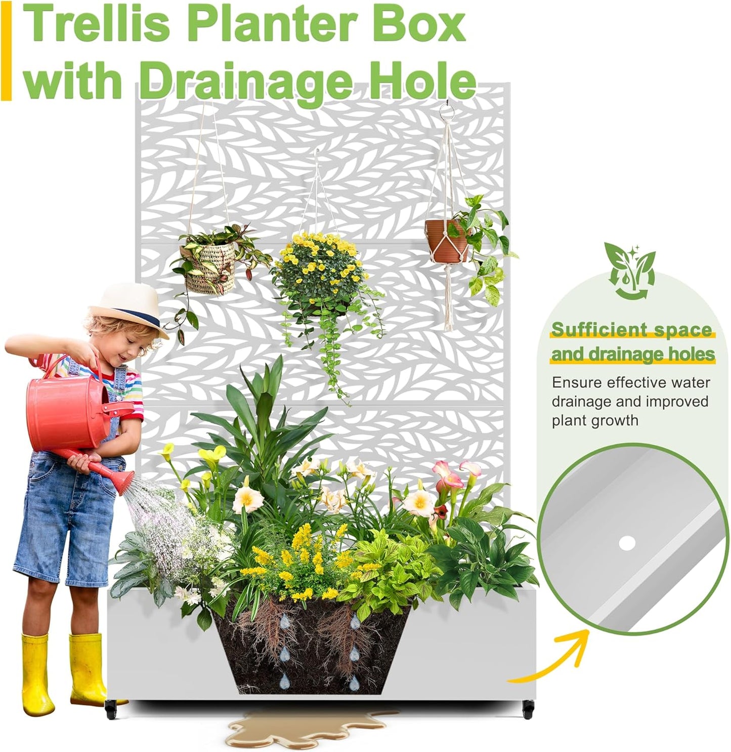 FENCY Metal Raised Garden Bed with Wheels and Trellis,73"x47"x16" Planter Box for Climbing Plants, Vegetables & Vines, Features Privacy Screen and Drainage Holes (White-Leaf)