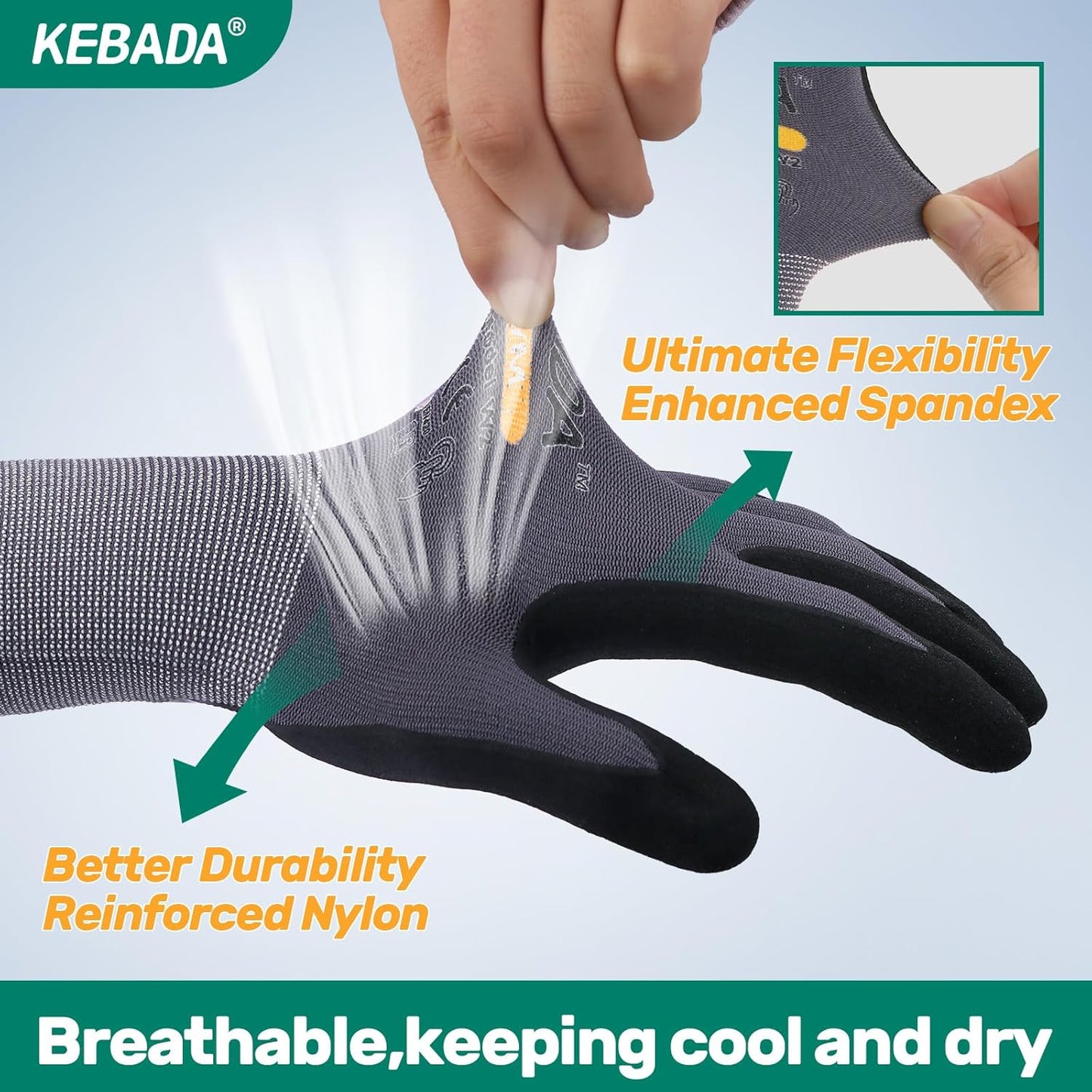 Kebada W2 Work Gloves for Men and Women, Nitrile Coated Working Gloves for Gardening, Construction, Warehouse, Safety Gloves for Work in Yard and Outdoors, 6 Pairs, Large