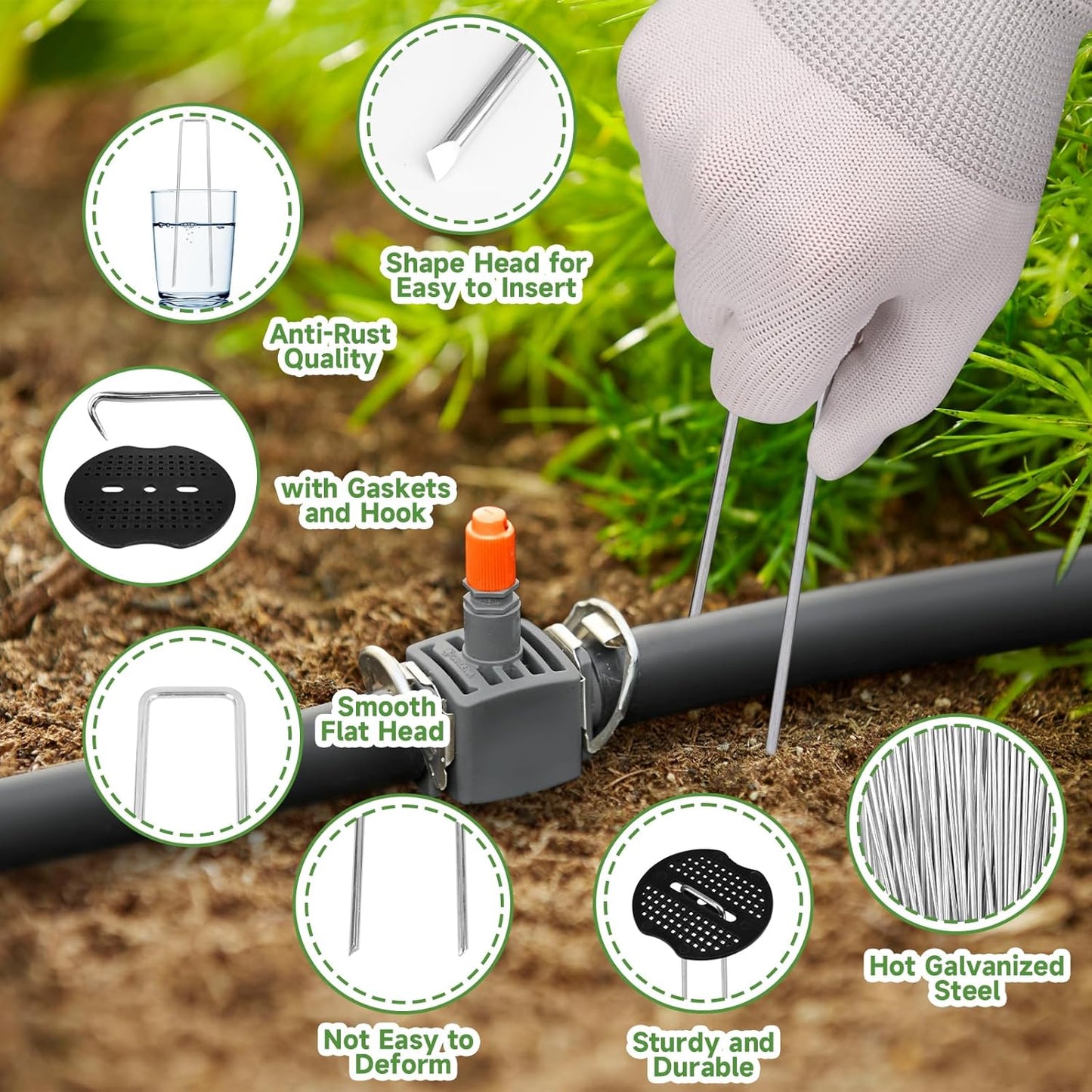 Garden Stakes,6 Inch 11 Gauge 100pcs Galvanized Landscape Staples + 100pcs Gaskets + 1Pick Hook, Tent Stakes Landscaping Fabric SOD Pins for Weed Fabric Barrier,Groud Cover,Fence