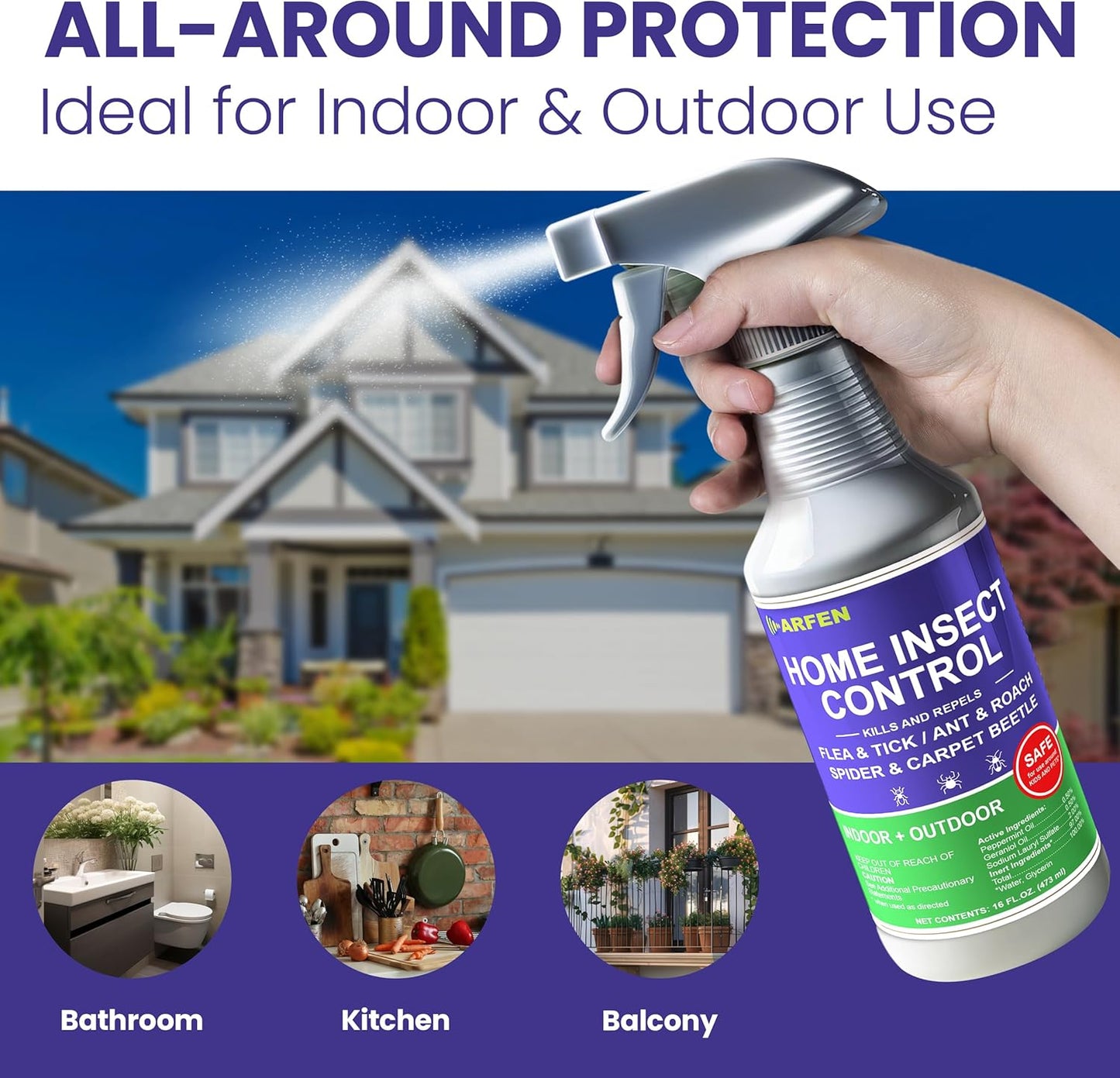 Home Insect Pest Control Spray 16oz – Kills & Repels Fleas, Ticks, Ants, Roaches, Spiders, Bed Bug and More on Contact with Peppermint Oil; Natural Safe and Effective Indoor & Outdoor Solution