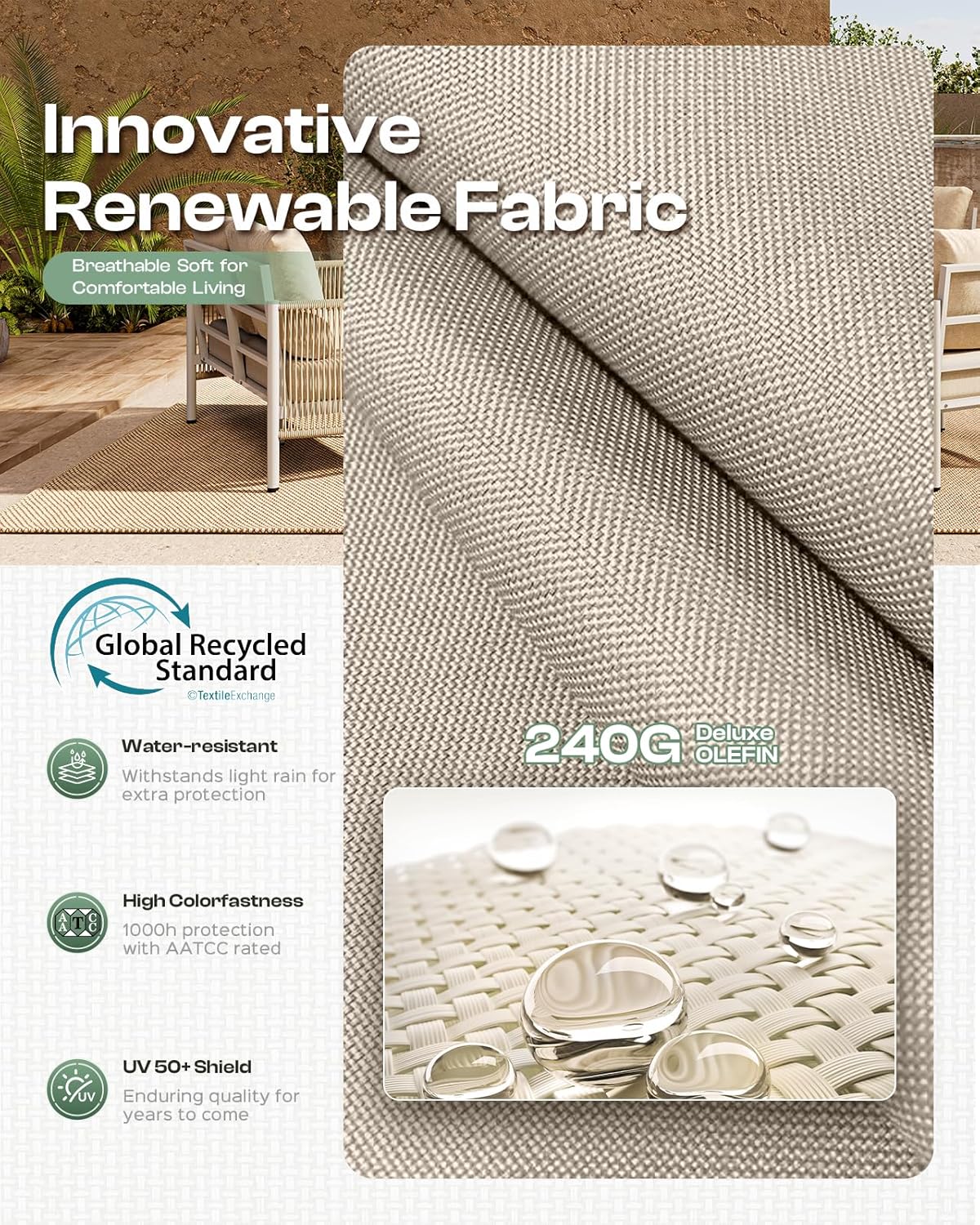 Aluminum Outdoor Patio Furniture Set, HDPE Rope 4 Piece Modern Sectional Conversation Sets with Dual-Layer Coffee Table, All Weather Patio Couch Sofa with Thick Cushions, Silver Frame, Beige