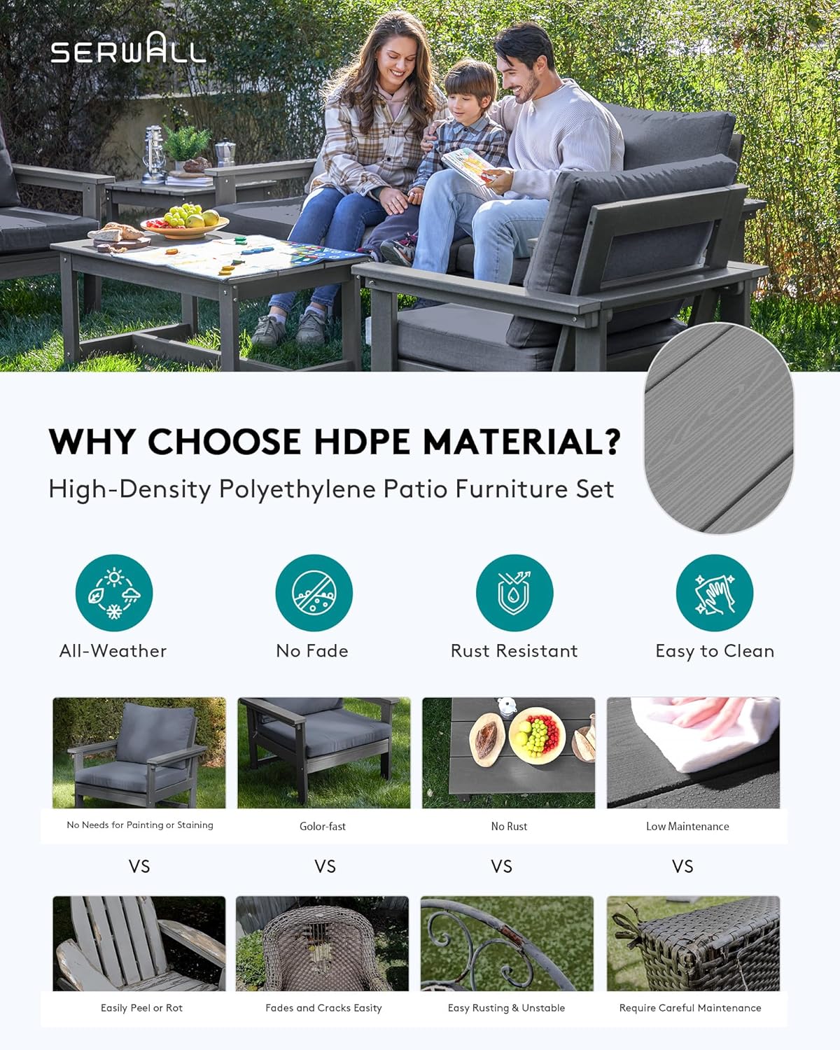 SERWALL HDPE Patio Furniture Set, 7-Piece Outdoor Sectional Sofa Set, All Weather Outdoor Couch Set for Deck, Lawn, Grey Frame with Grey Cushion