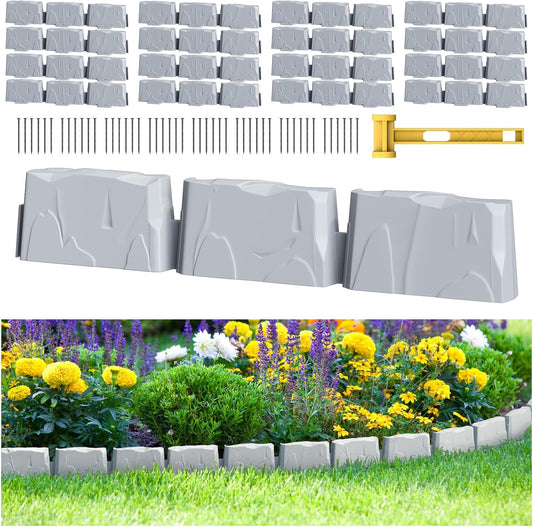 16 Pack(24FT) Landscape Edging w/ 48 Spikes | Flexible Plastic Border for Outdoor, Walkway, Lawn & Weed Control | 24" L x 3" H Faux Stone Edging for Landscaping,Garden Edging Border Stone(Gray) ﻿﻿