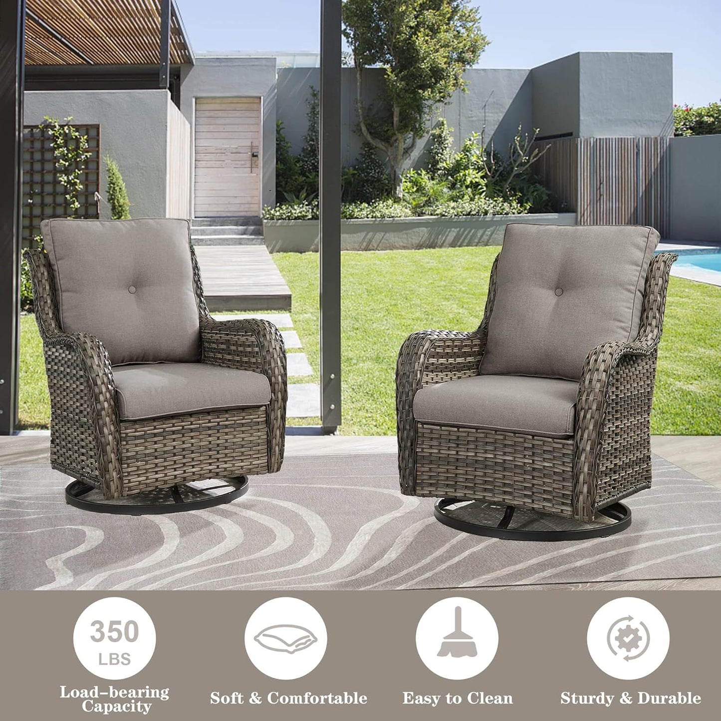 Wicker Patio Furniture Sets - 8 Piece Outdoor Rattan Furniture Conversation Sets with 4 Swivel Rocker Chairs, Rattan Sofa, Wicker Ottomans and Coffee Table, Mixed Grey/Grey