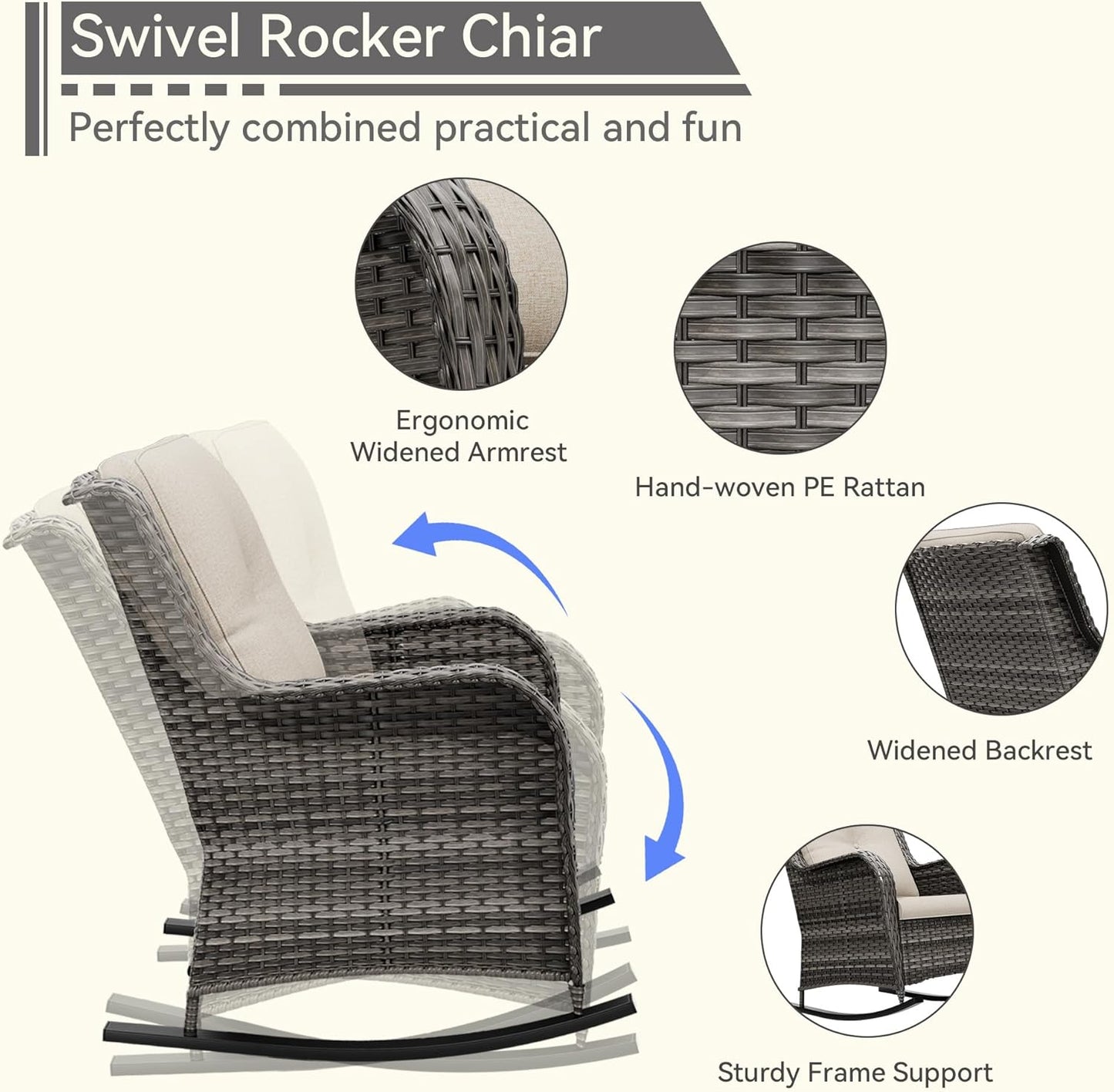 1 PC Outdoor Rocking Chair, Wicker Patio Rocker Chair for Yard, Porch, Mixed Brown Grey Rattan, Beige Cushions