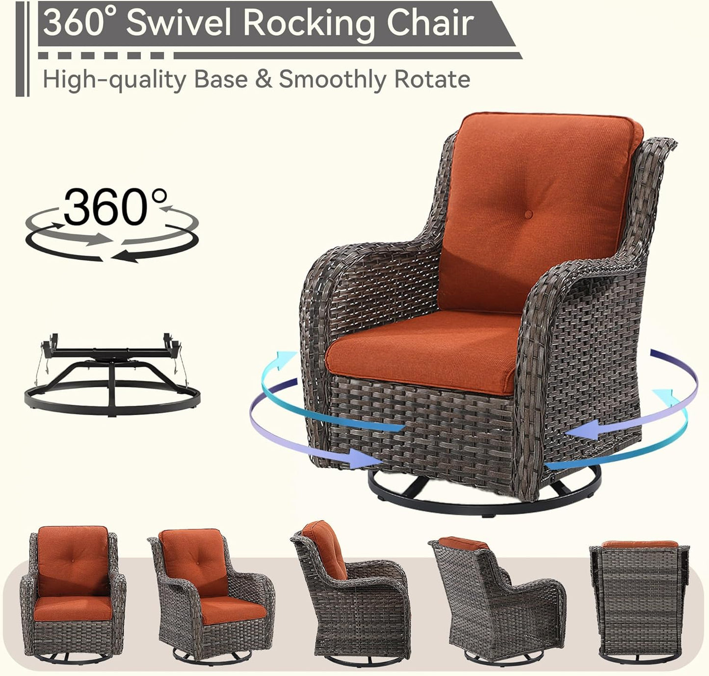 2 Pieces Outdoor Swivel Rocker Patio Chairs Set - Outdoor Wicker Patio Conversation Sets with 1 Side Table, Olefin Fabric Cushions Suitable for Backyard Deck and Porch, Orange