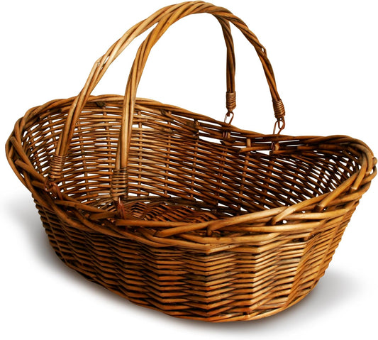 Wald Imports - Medium Wicker Basket with Handle - Dark Brown Hand Woven Harvest Basket - Wicker Flower Basket for Storage, Picnics, Easter, Organizing, and More (17 x 6.5 inches)