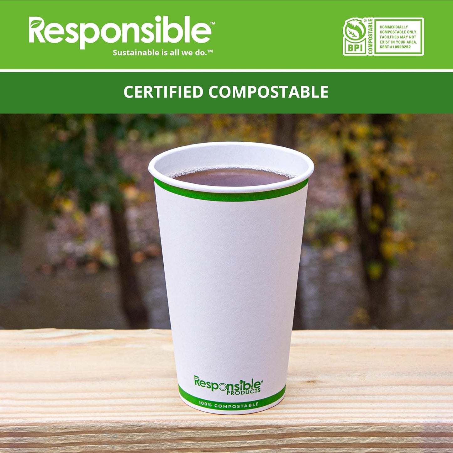 Certified Compostable 16 oz Paper Cups, Cold ＆ Hot Coffee Cups, Disposable Paper Cups, Extra Strength Disposable Cups, Made without PFAS (50 count)