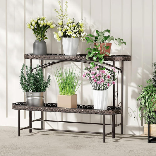 Plant Stand Outdoor Indoor 2 Tier Metal Pland Stand, Detachable Heavy Duty Tall Plant Shelf Rack Flower Pot Holder for Patio Garden Balcony Living Room, Distressed Vintage Black