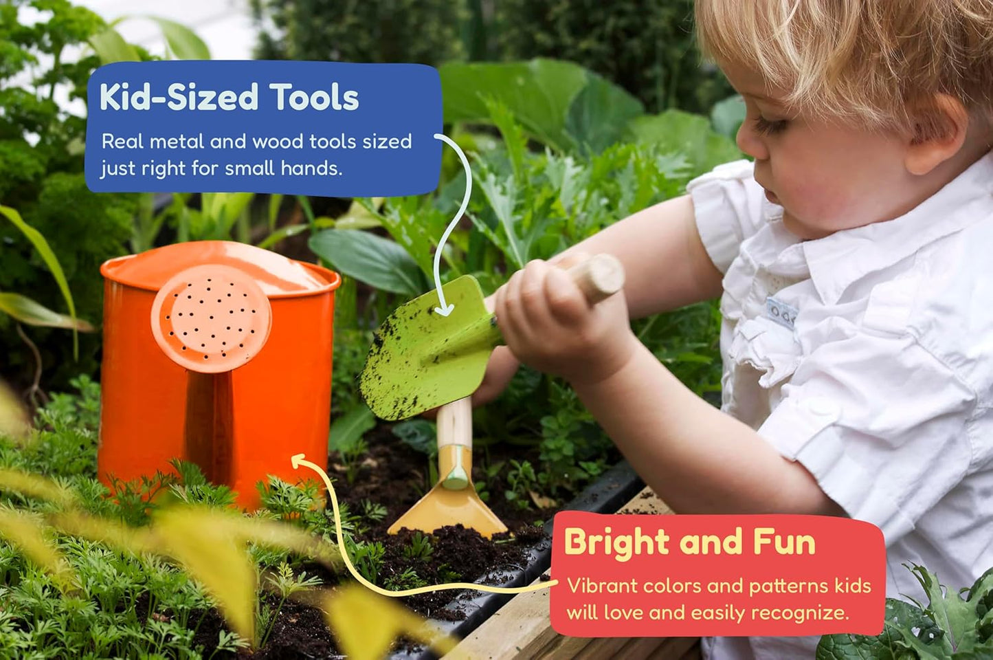 Gardening Set, Tool Kit, for Kids, STEM, Includes Tote Bag, Spade, Watering Can, Rake, Fork, Trowel and Gloves (Sunshine)