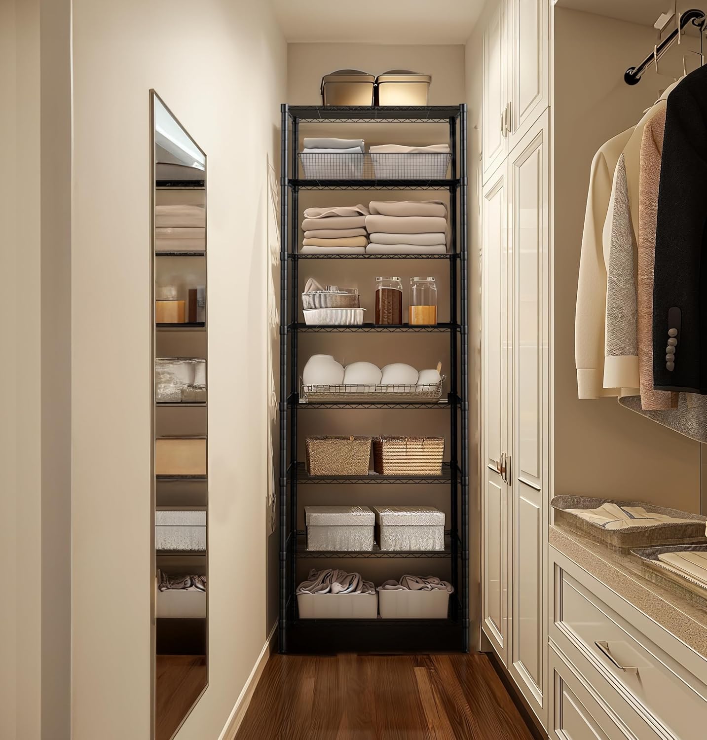 Finnhomy 8-Tier Wire Shelving Unit Adjustable Steel Wire Rack Shelving 8 Shelves Steel Storage Rack or Two 4-Tier Shelving Units with PE mat, Leveling Feet and Safety Device, NSF Certified, Black