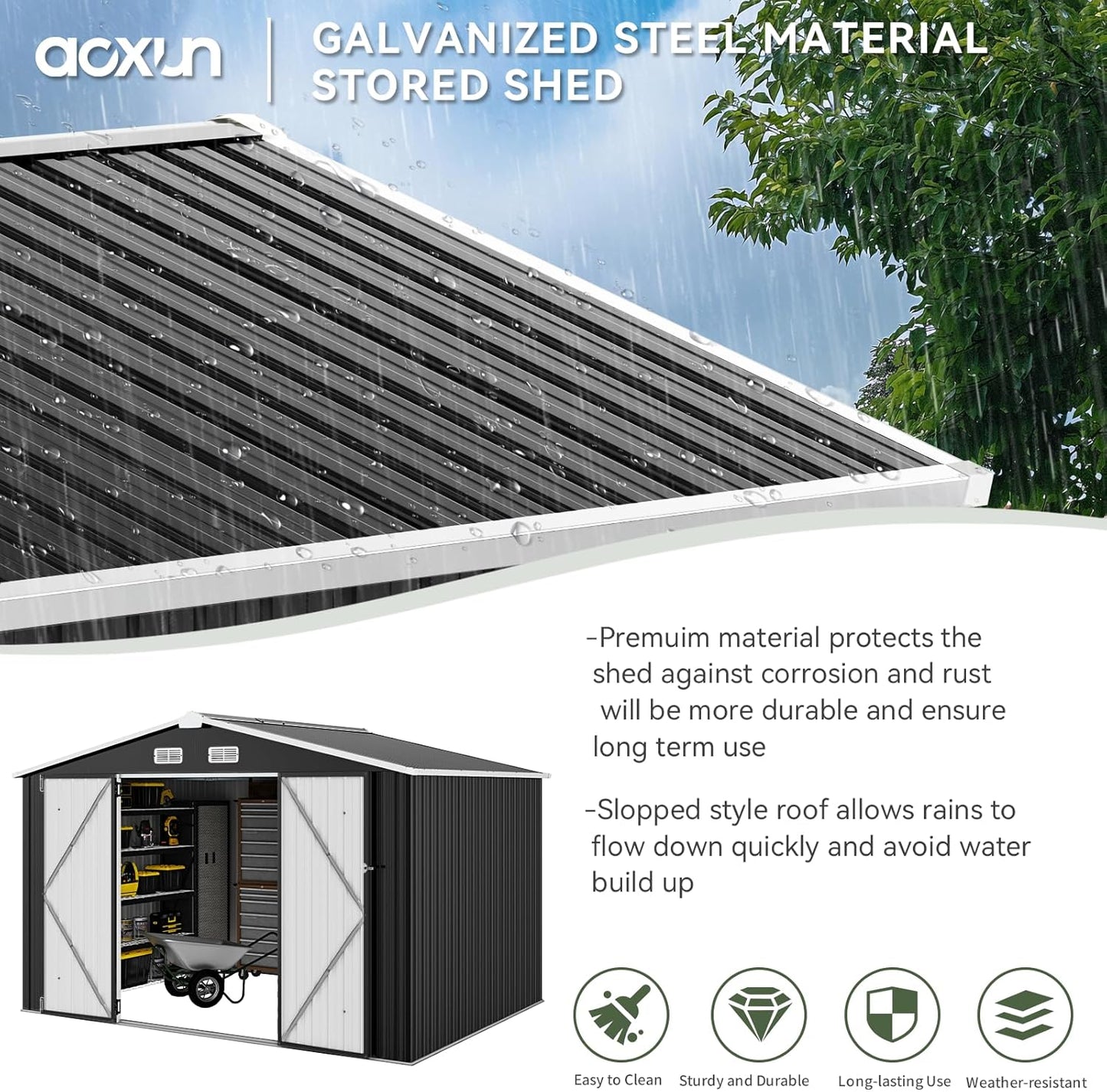 Aoxun 9.4x7.3x6.5 FT Outdoor Storage Shed, Garbage Can, Outdoor Metal Shed for Tool, Garden, Bike, Placed in Patio, Garden (Black)