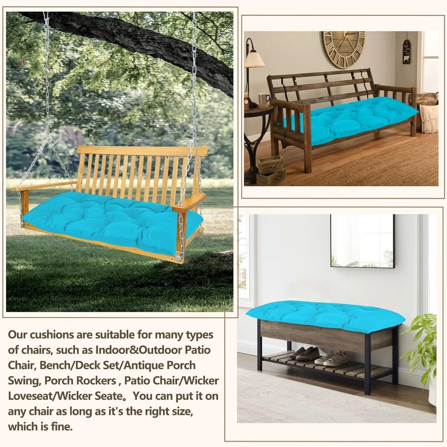 Waterproof Indoor/Outdoor Garden Bench Seat Cushions,Thicken Patio Bench Soft Rocking Chairs Pad Lounger Seat for Wicker Loveseat Settee（59 X 19.6 in，Turquoise