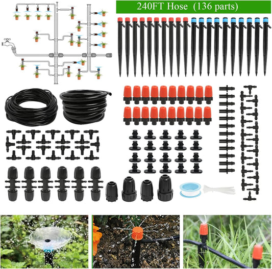 240FT Drip Irrigation System Kit, Automatic Garden Watering Misting System for Greenhouse, Yard, Lawn, Plant with 1/2 inch Hose 1/4 inch Distribution Tubing and Accessories