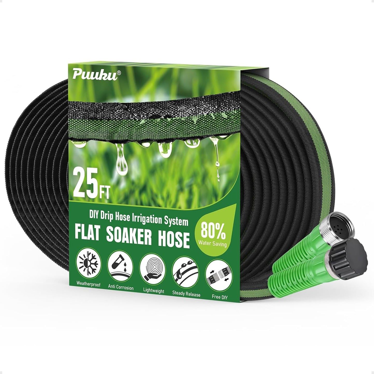 Flat Soaker Hose 25ft for Garden and Lawns, 80% Water-Saving Drip Irrigation Hose with Anodized Aluminum Ends, Flexible Leakproof Double Layer Gardening Hoses ﻿